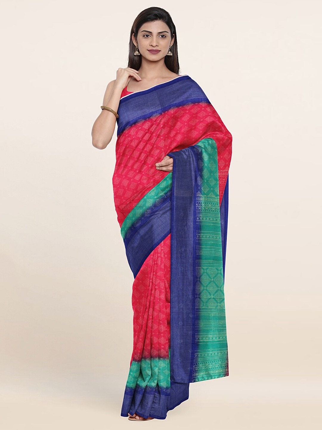 

Pothys Pink & Green Cotton Blend Saree