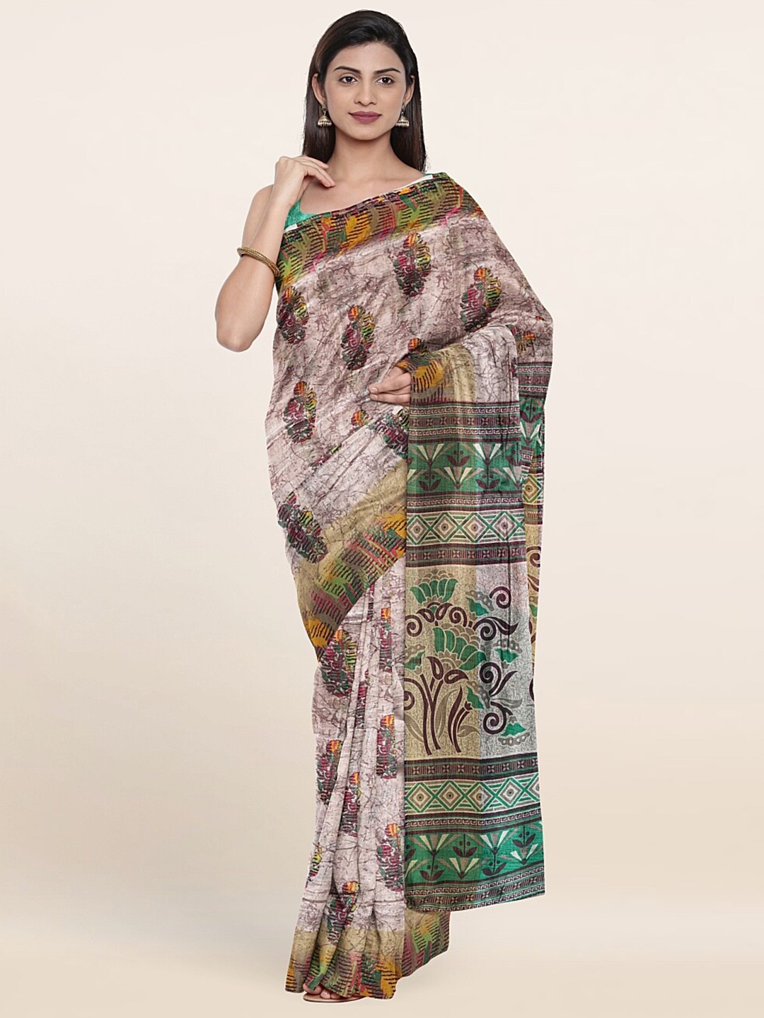 

Pothys Grey & Peach-Coloured Cotton Blend Floral Saree