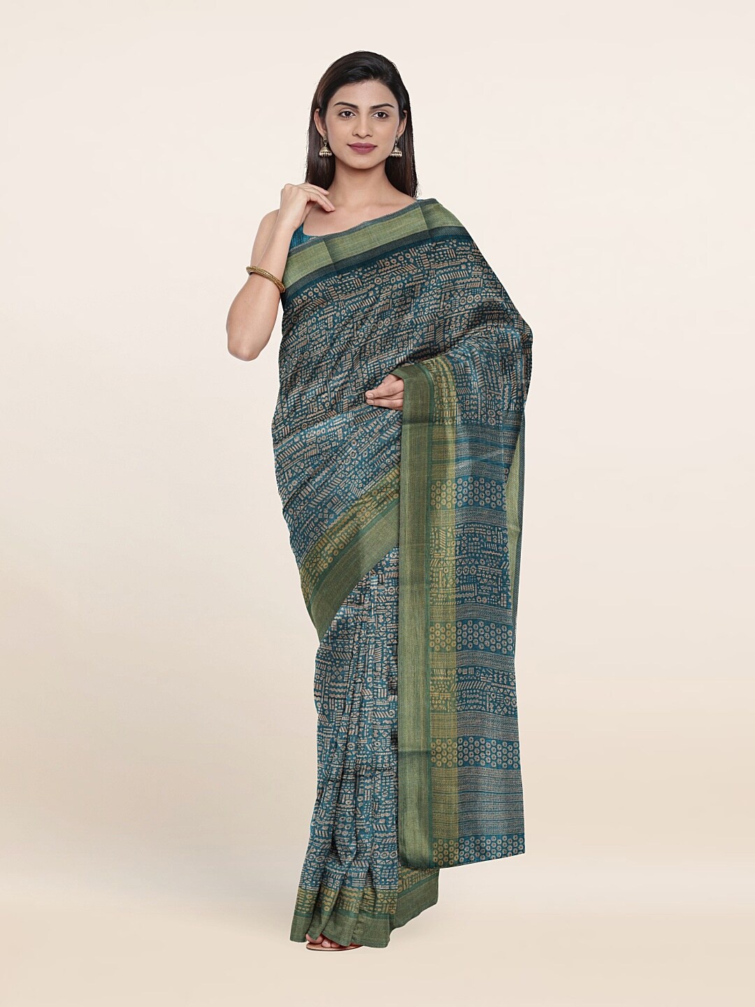 

Pothys Teal & Green Printed Cotton Saree