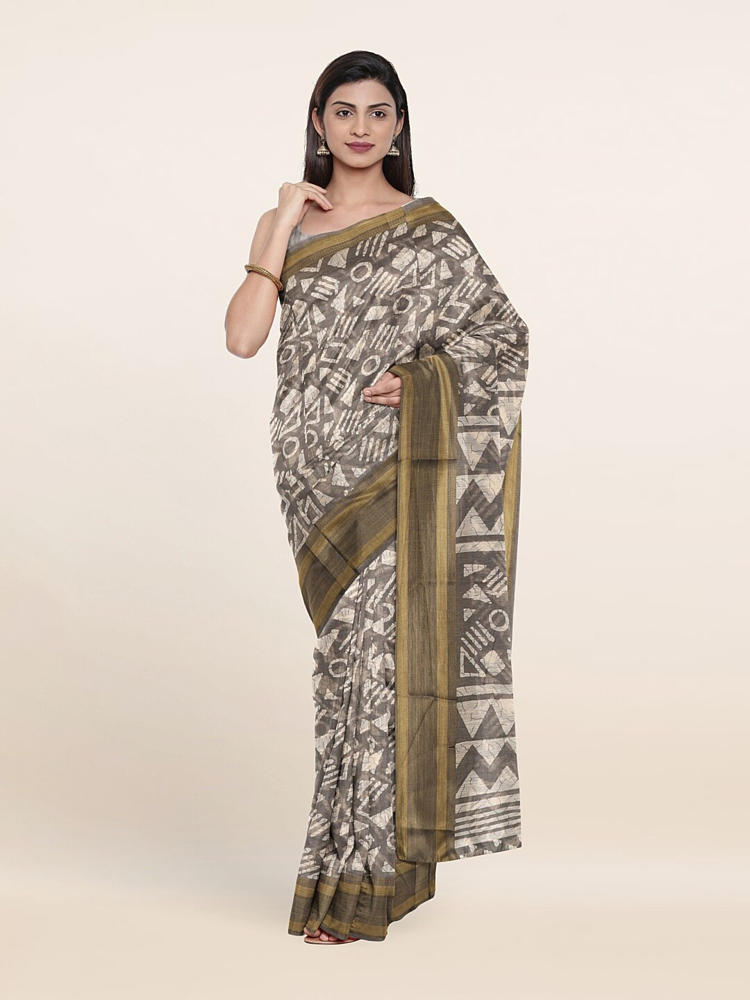

Pothys Grey & White Zari Printed Cotton Saree