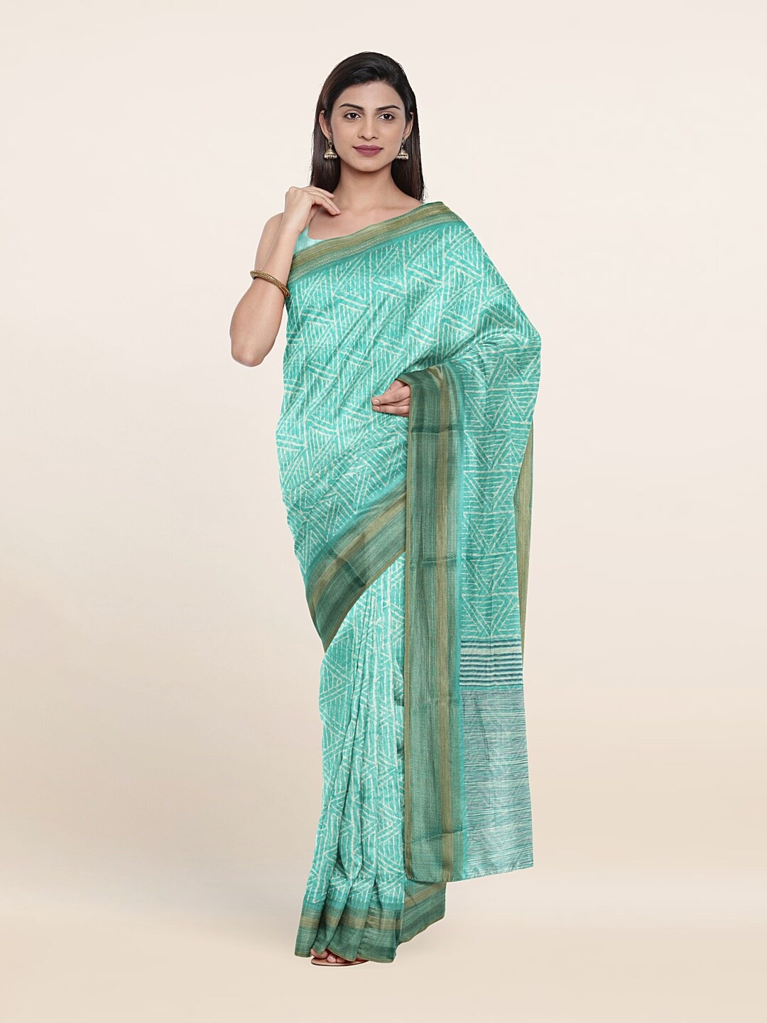 

Pothys Green & Gold-Toned Printed Cotton Zari Saree