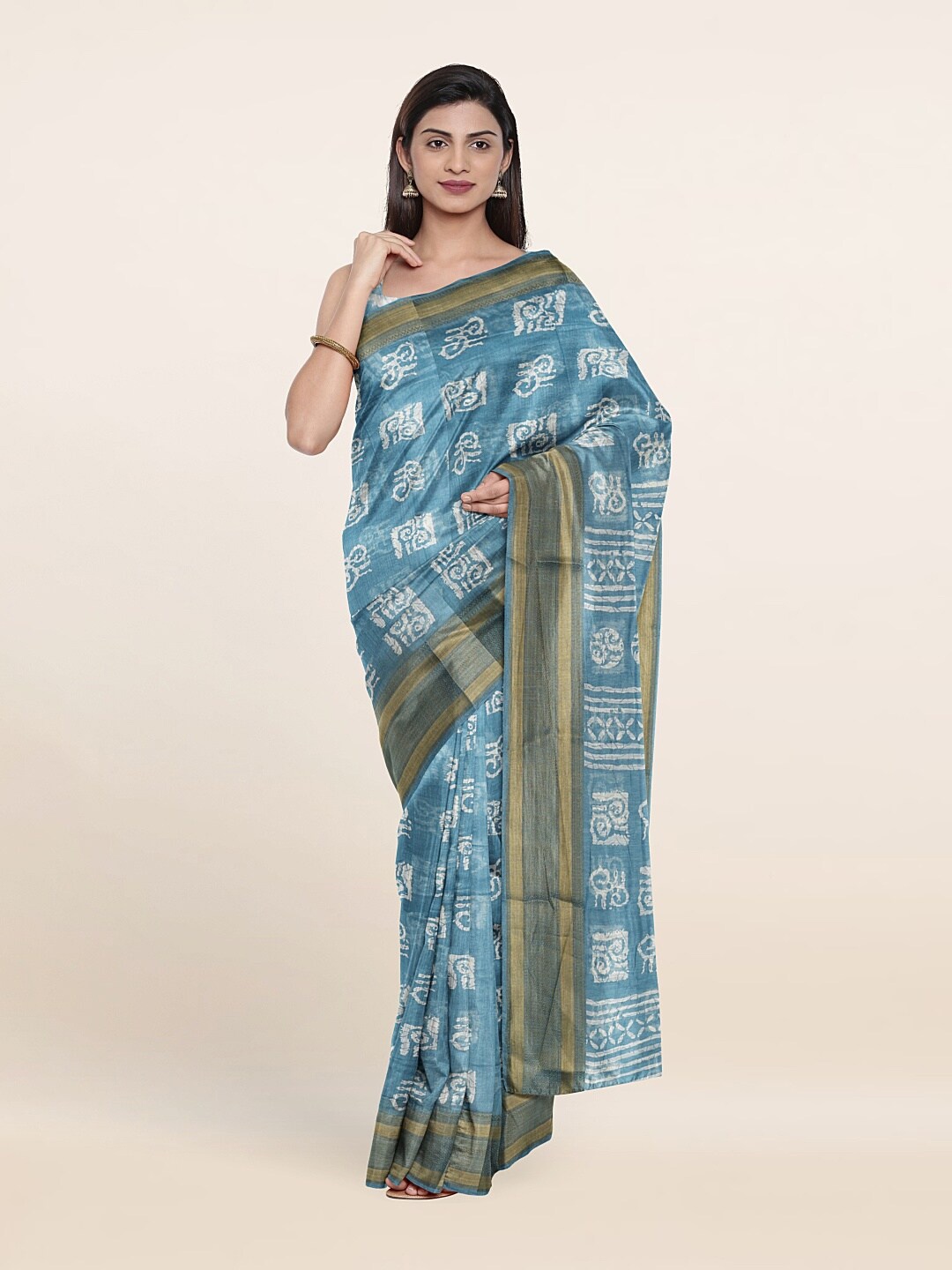 

Pothys Blue & Gold-Toned Ethnic Motifs Printed Cotton Zari Saree