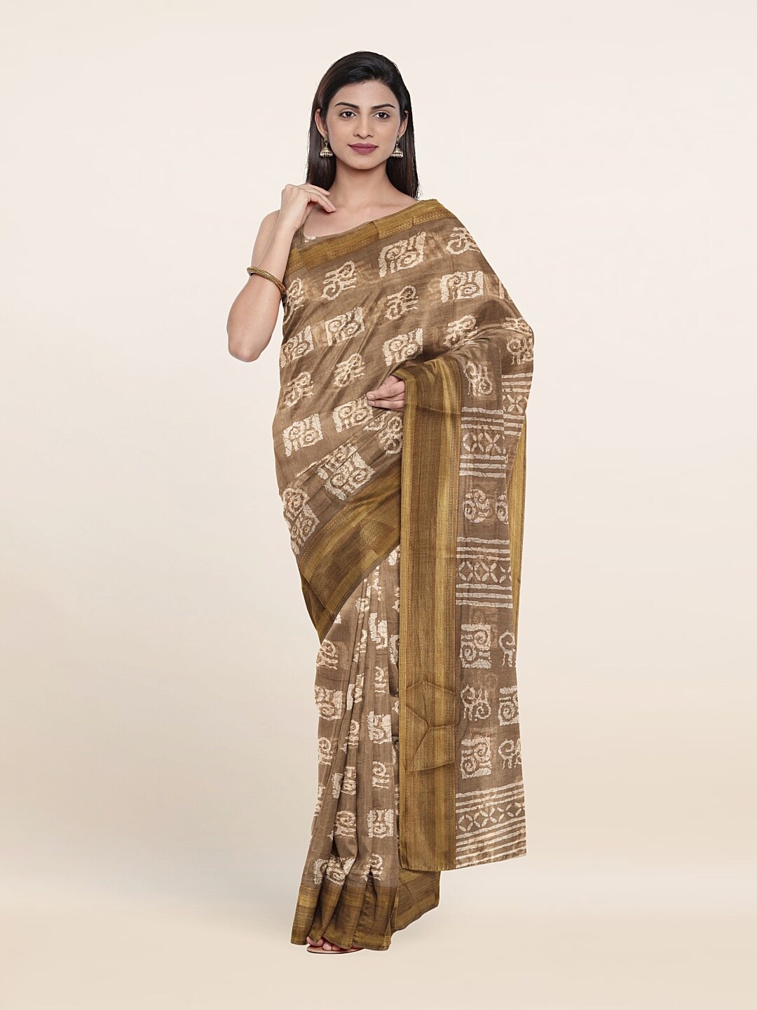 

Pothys Tan & Cream-Coloured Ethnic Motifs Printed Cotton Zari Saree