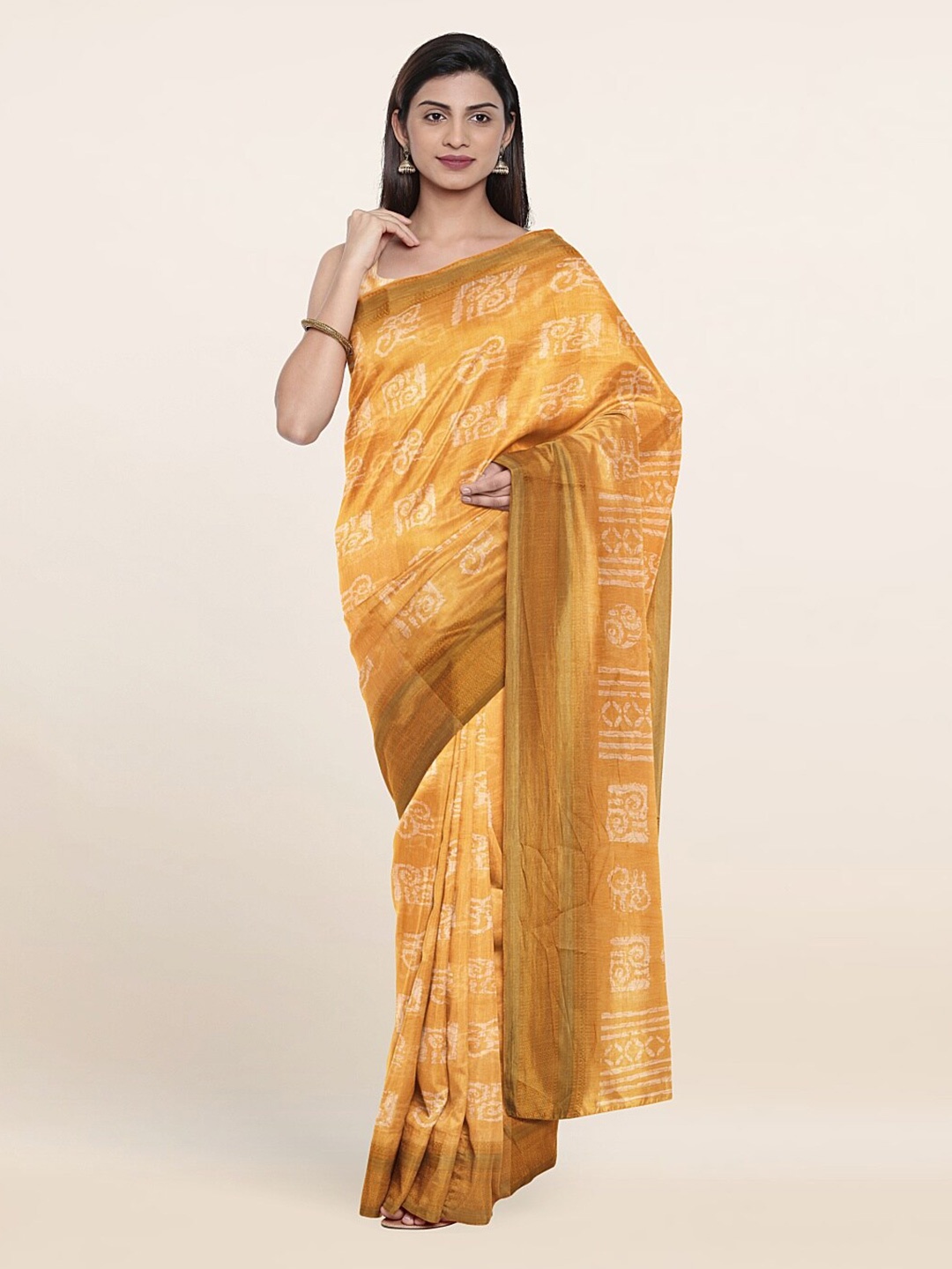 

Pothys Yellow & Gold-Toned Ethnic Motifs Printed Cotton Zari Saree