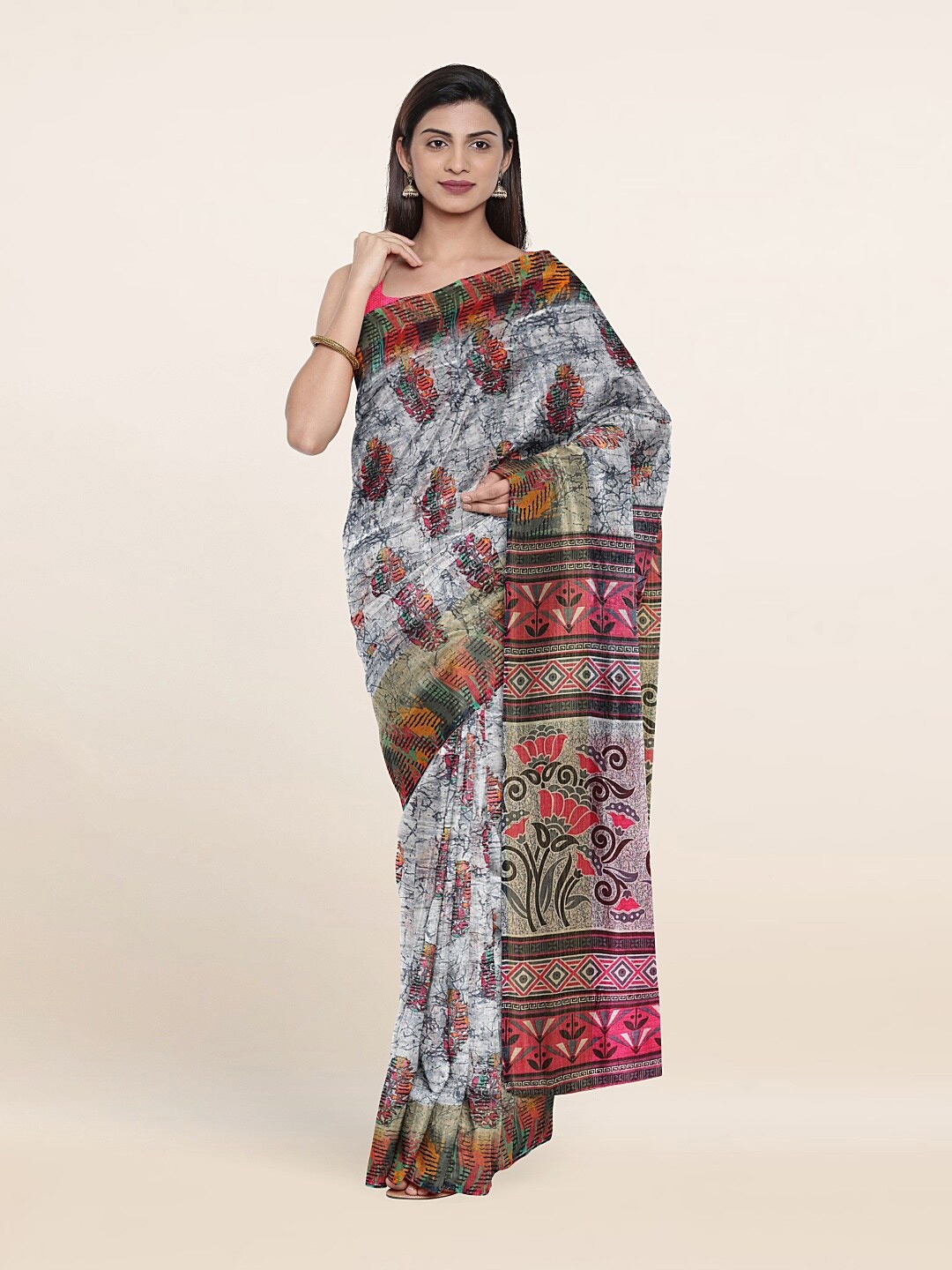 

Pothys Grey & Pink Floral Printed Cotton Saree