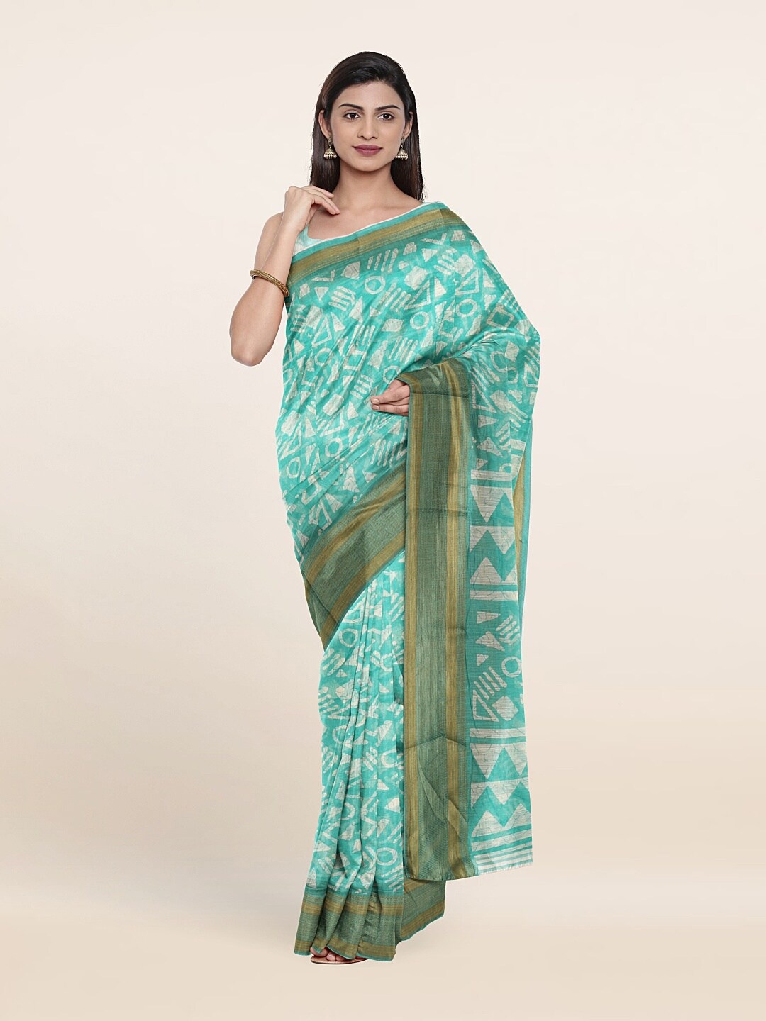 

Pothys Green & White Printed Cotton Zari Saree