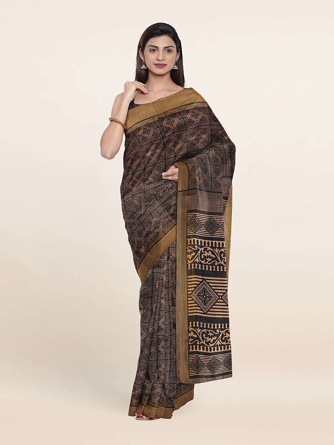 

Pothys Black & Brown Printed Cotton Zari Saree