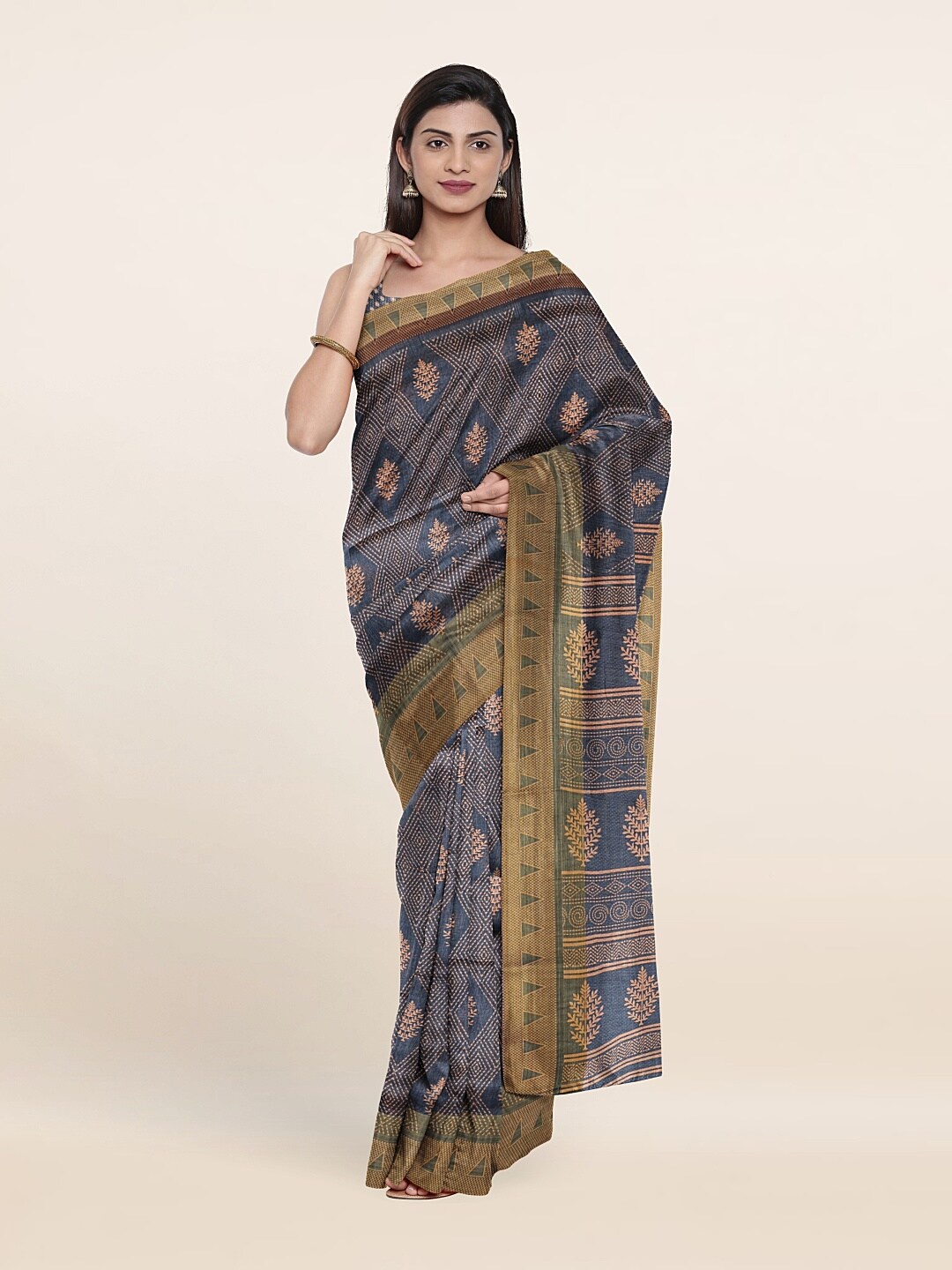 

Pothys Blue & Brown Floral Printed Cotton Saree