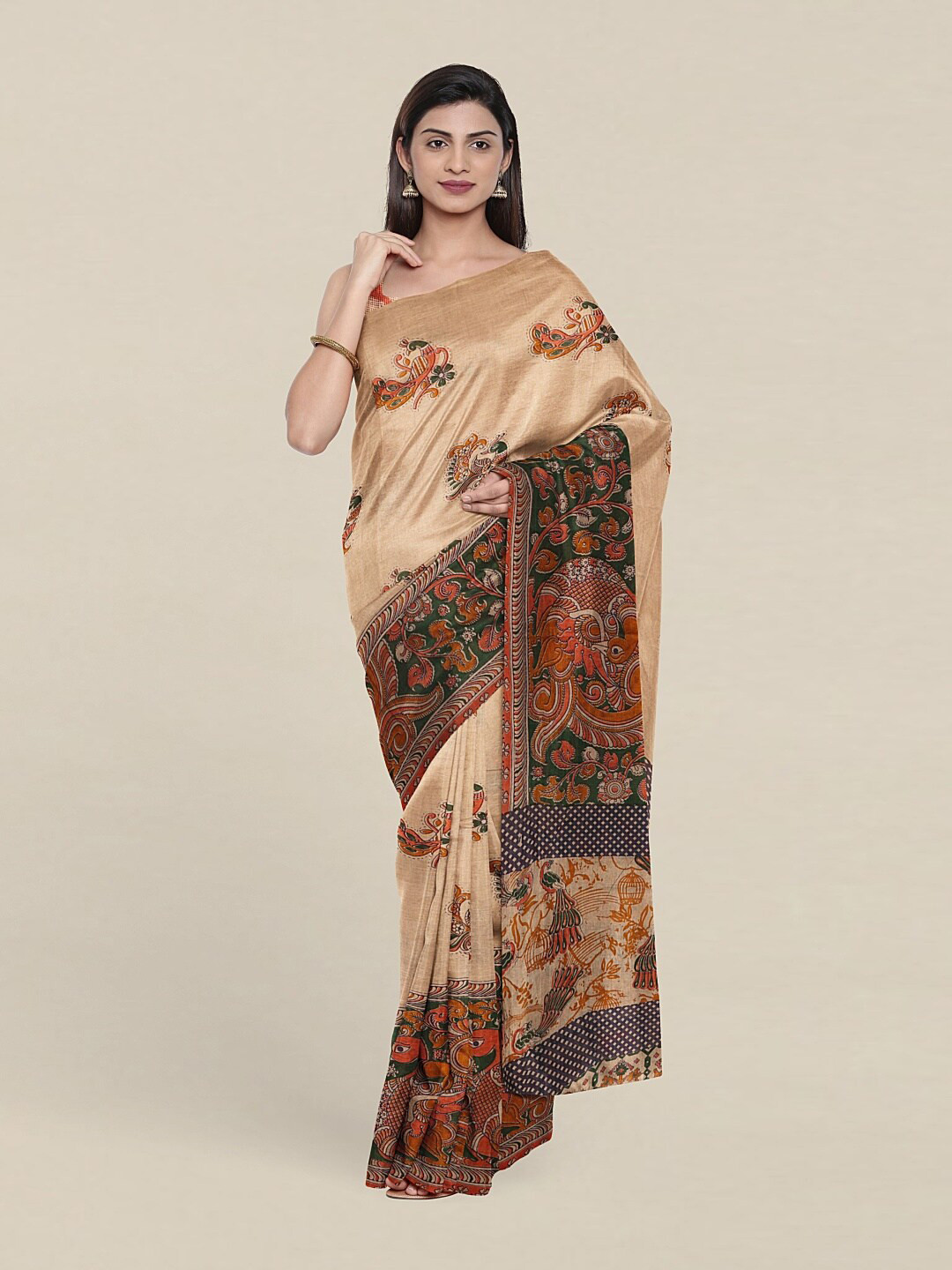 

Pothys Cream-Coloured & Orange Ethnic Motifs Saree