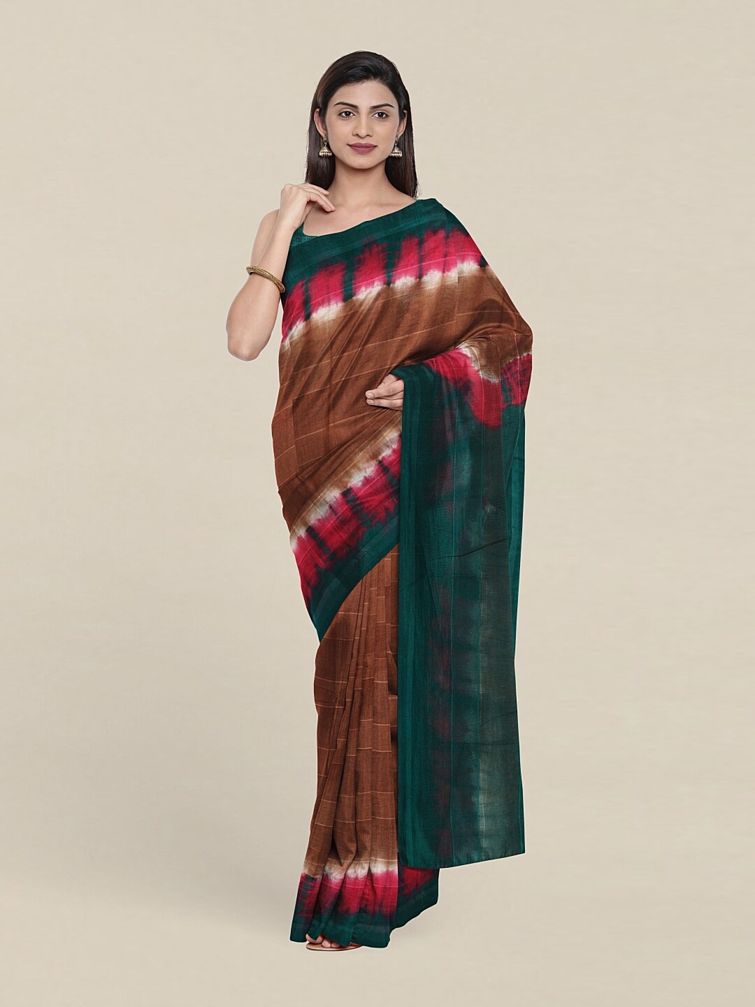 

Pothys Brown & Green Tie and Dye Saree