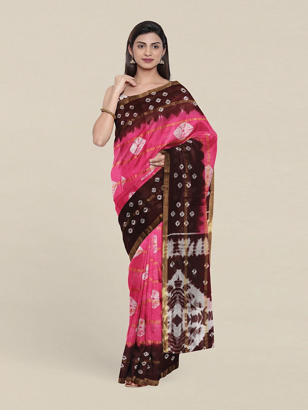 

Pothys Pink & White Bandhani Saree