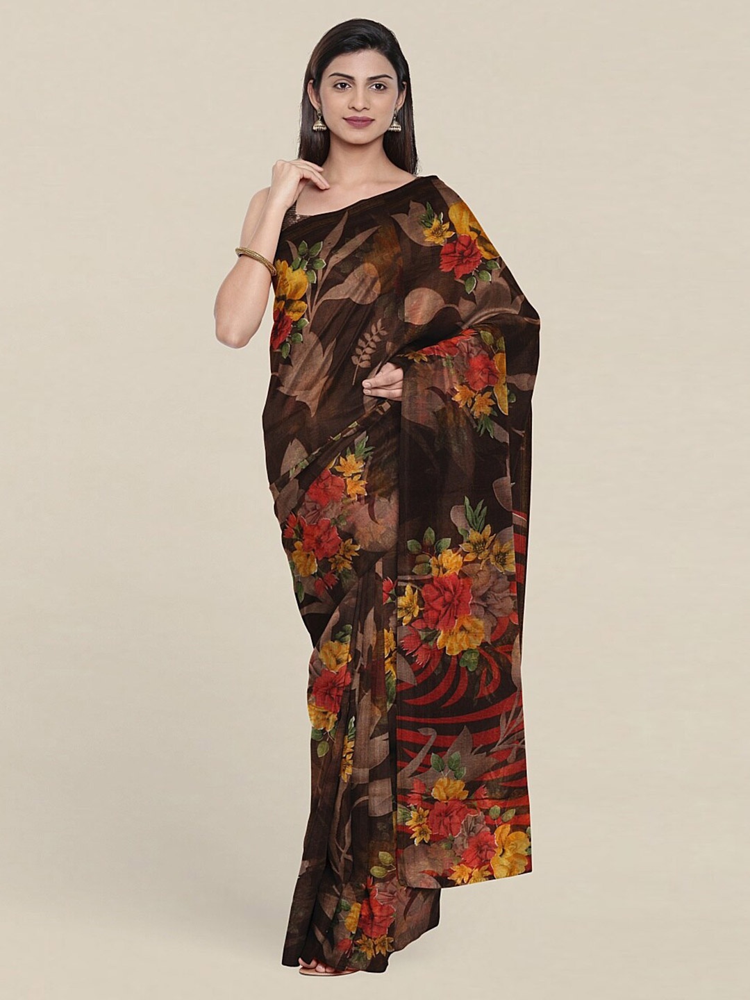 

Pothys Brown & Orange Floral Printed Saree