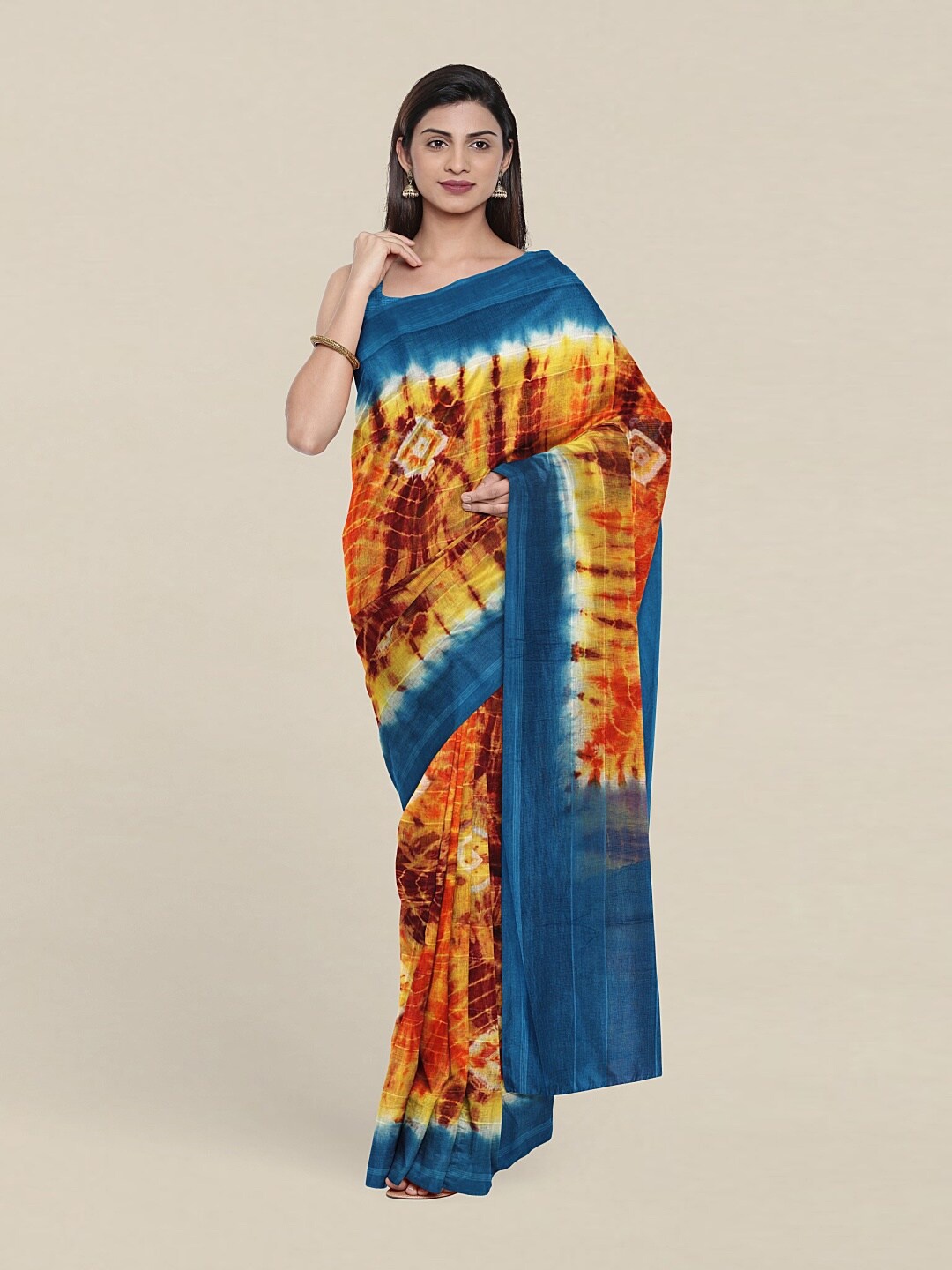 

Pothys Orange & Blue Tie and Dye Saree