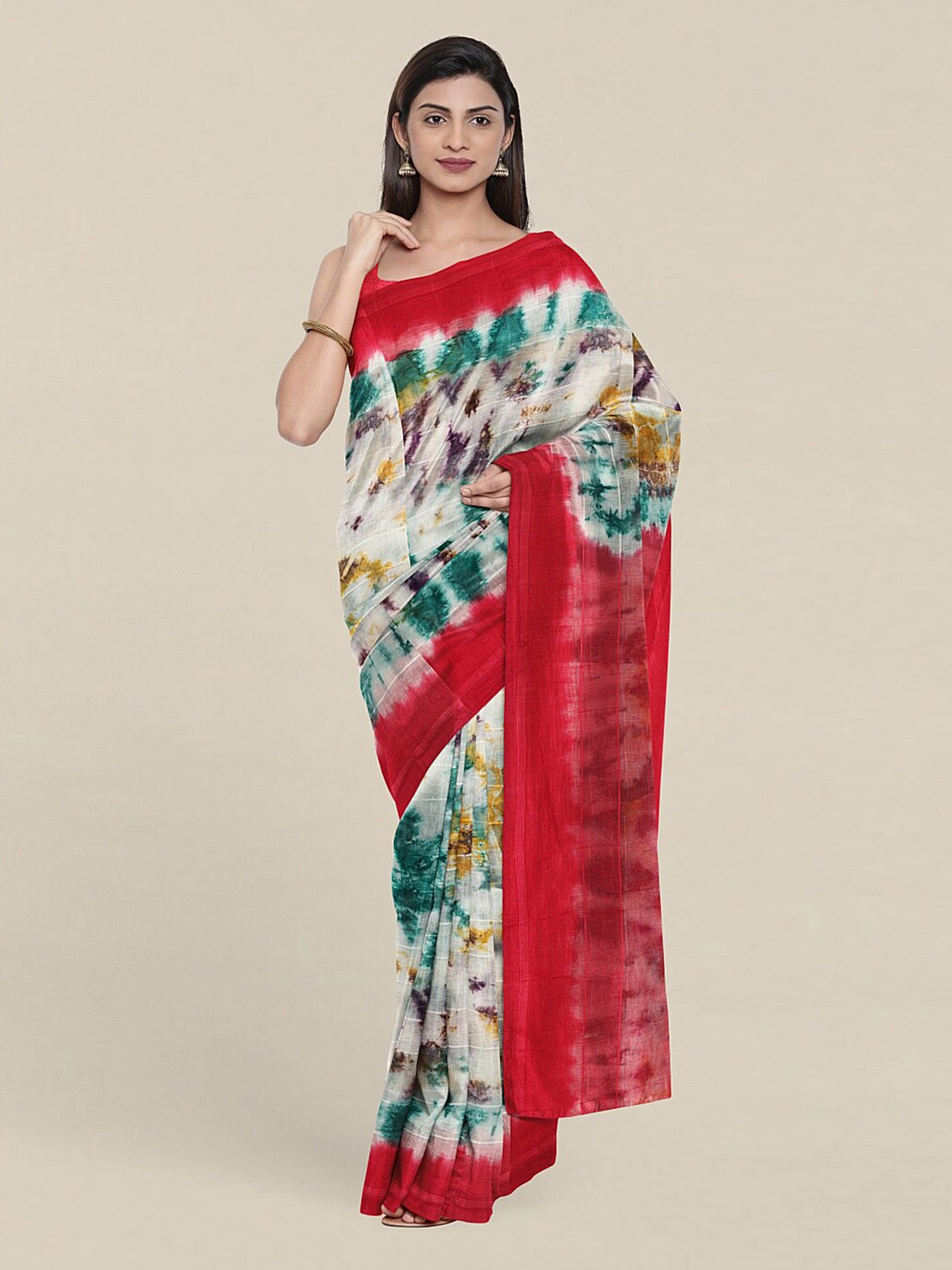 

Pothys White & Red Tie and Dye Printed Cotton Blend Saree
