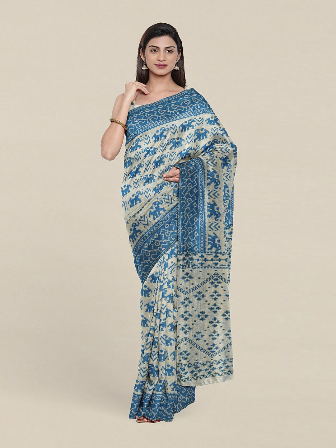 

Pothys Beige & Blue Ethnic Motifs Saree