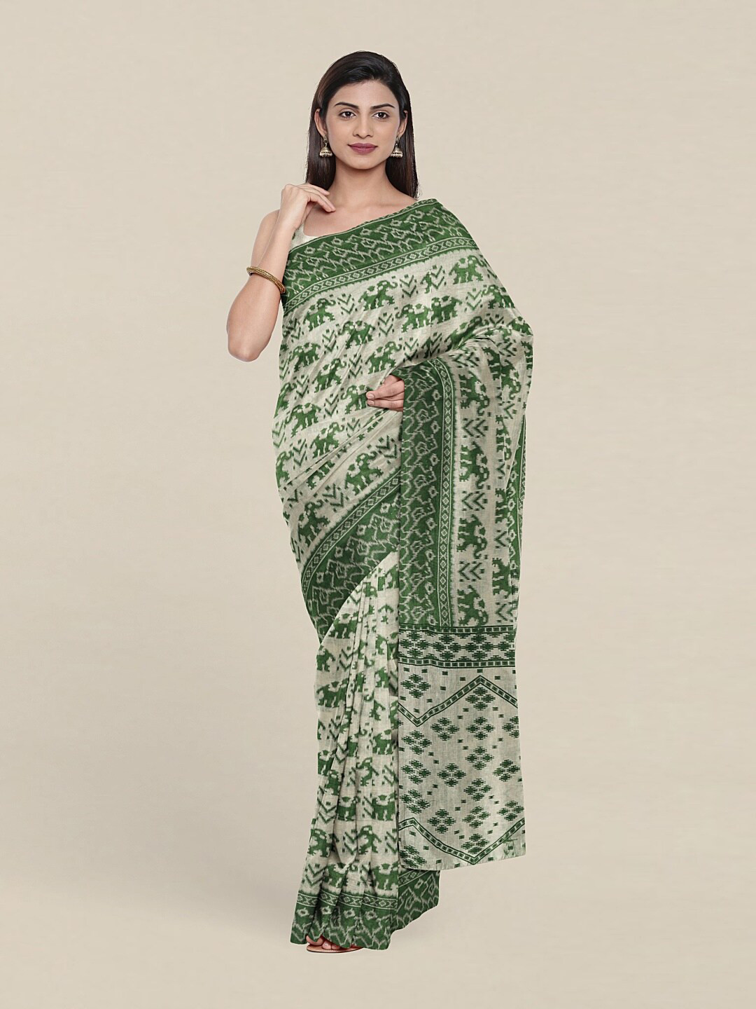 

Pothys Beige & Green Ethnic Motifs Saree