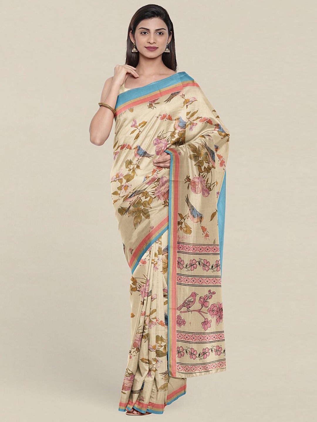 

Pothys Cream-Coloured & Pink Floral Saree