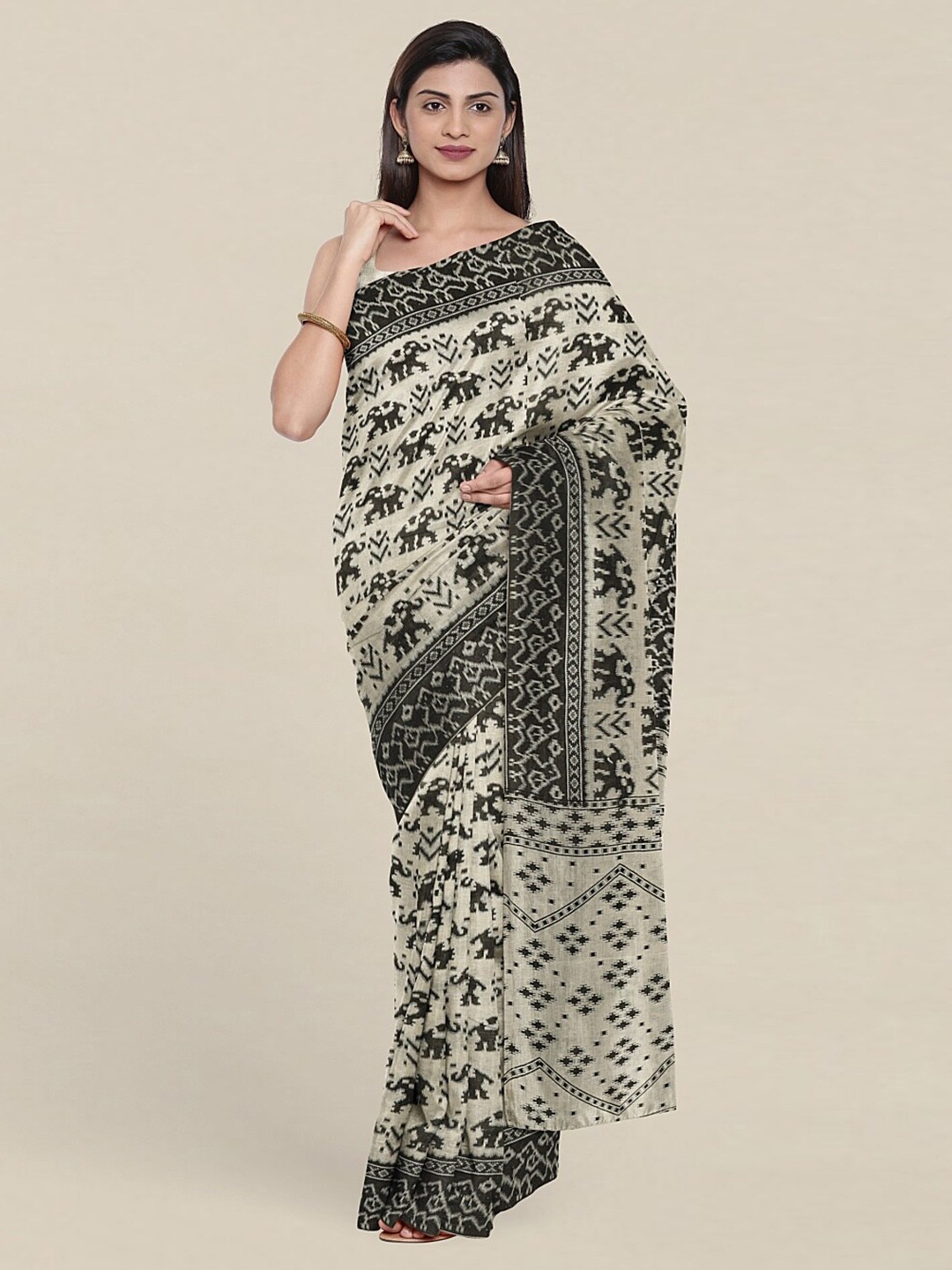 

Pothys Beige & Black Ethnic Motifs Printed Zari Saree