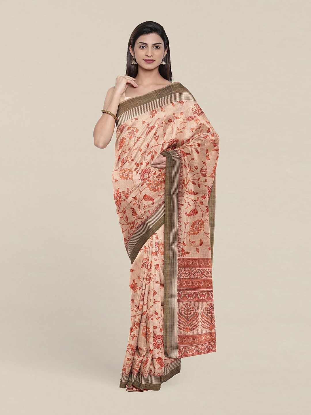 

Pothys Peach-Coloured & Green Floral Saree