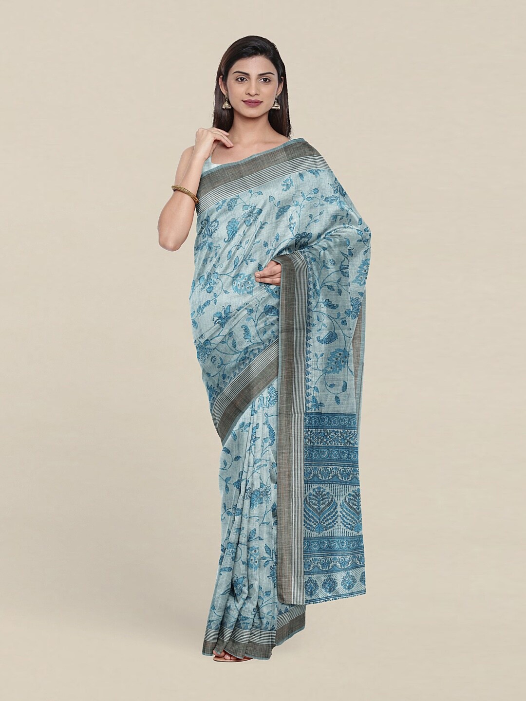 

Pothys Blue & Grey Floral Zari Saree