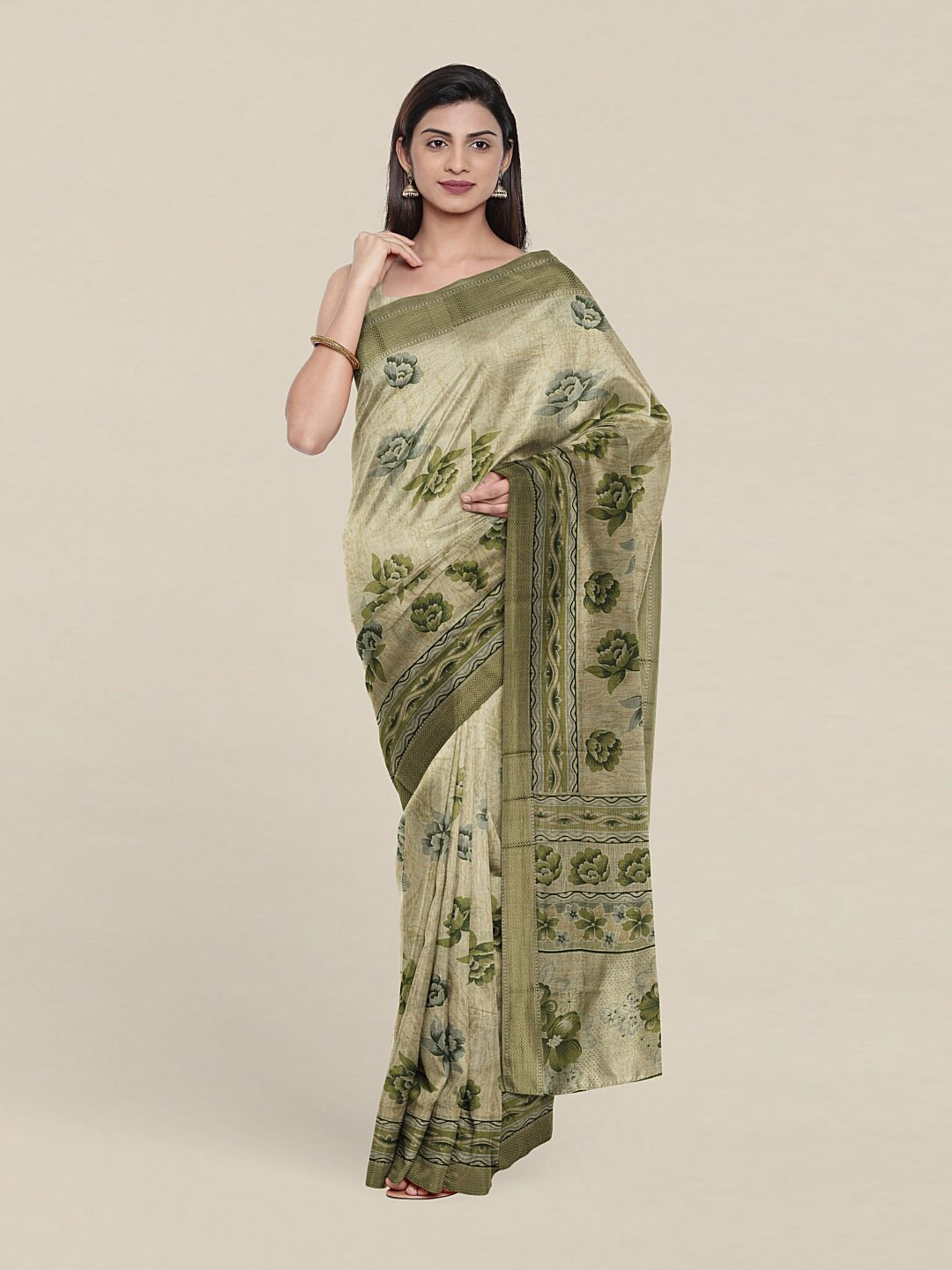 

Pothys Green & Grey Floral Saree