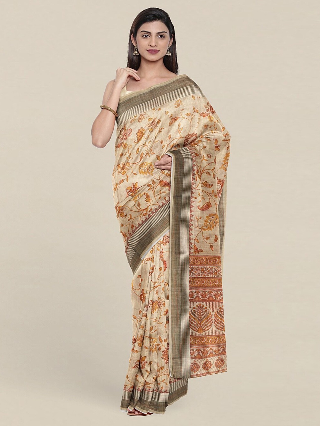 

Pothys Cream-Coloured & Orange Floral Zari Saree