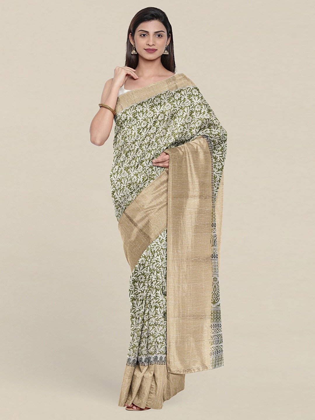 

Pothys Green & White Floral Zari Saree
