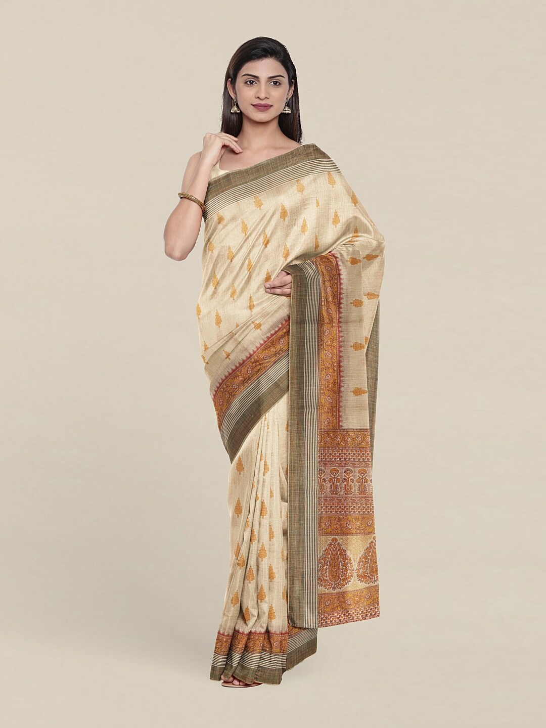 

Pothys Cream-Coloured & Orange Ethnic Motifs Zari Saree