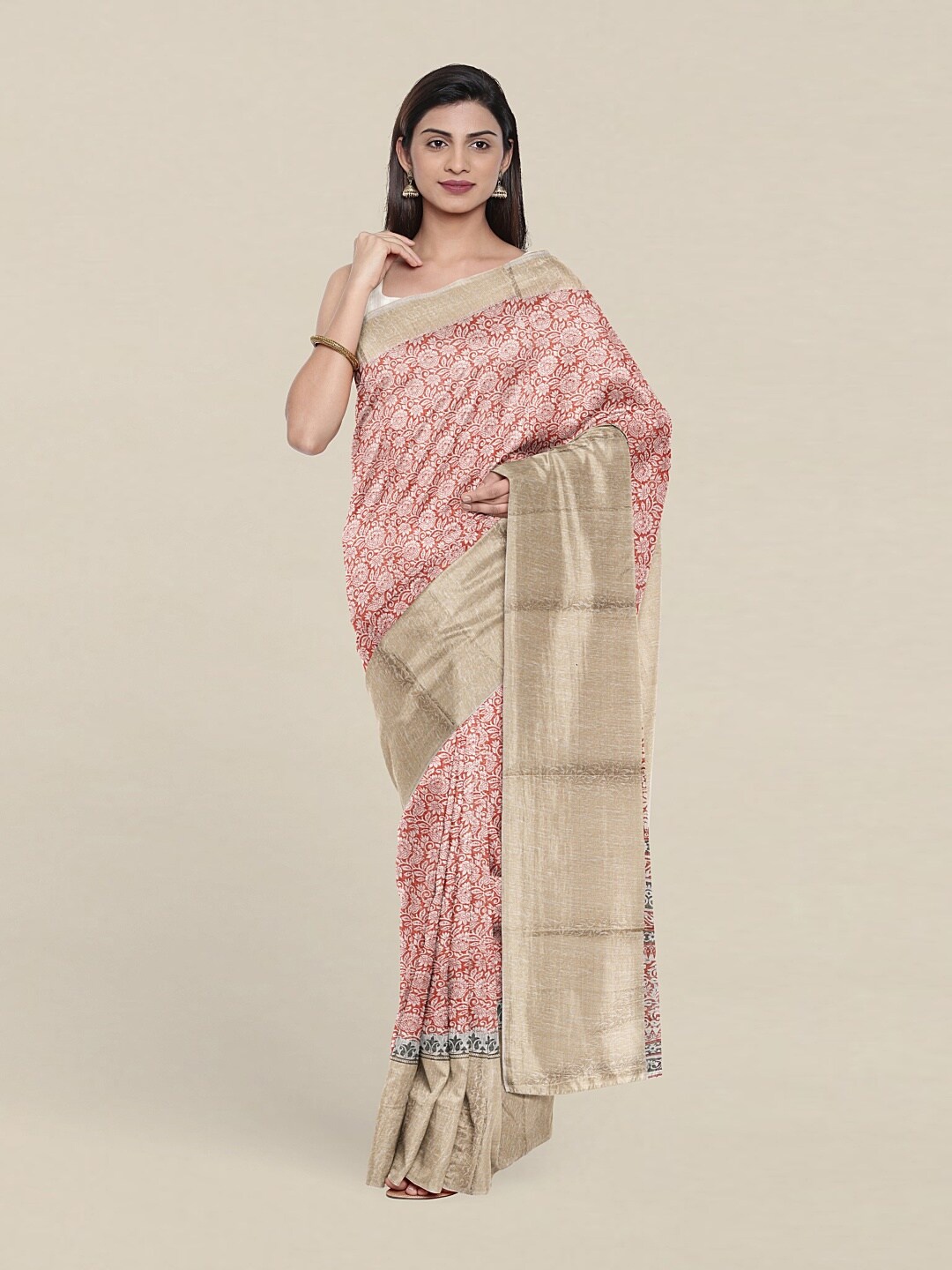 

Pothys Peach-Coloured & White Floral Zari Saree