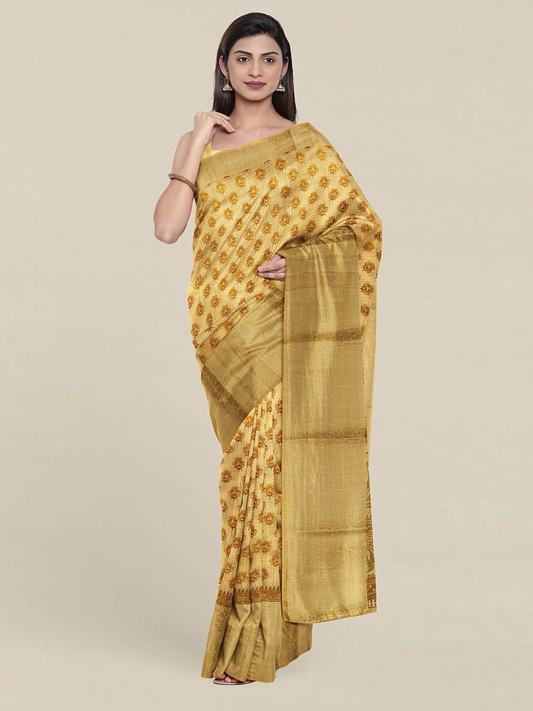 

Pothys Yellow & Brown Floral Zari Saree