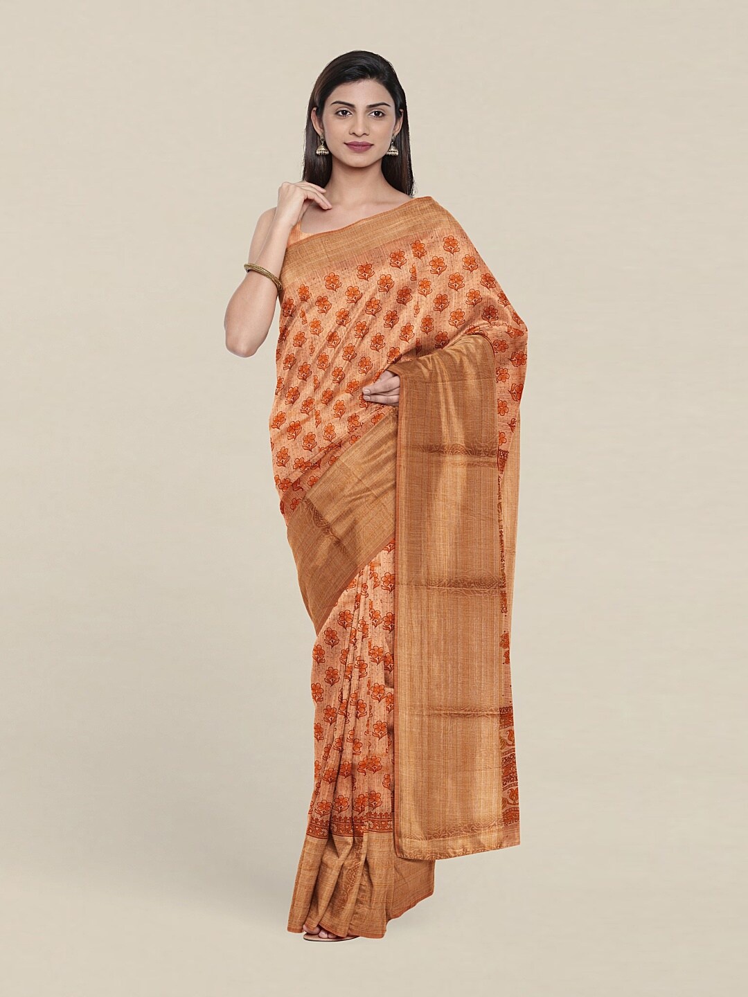 

Pothys Peach-Coloured & Orange Floral Zari Saree