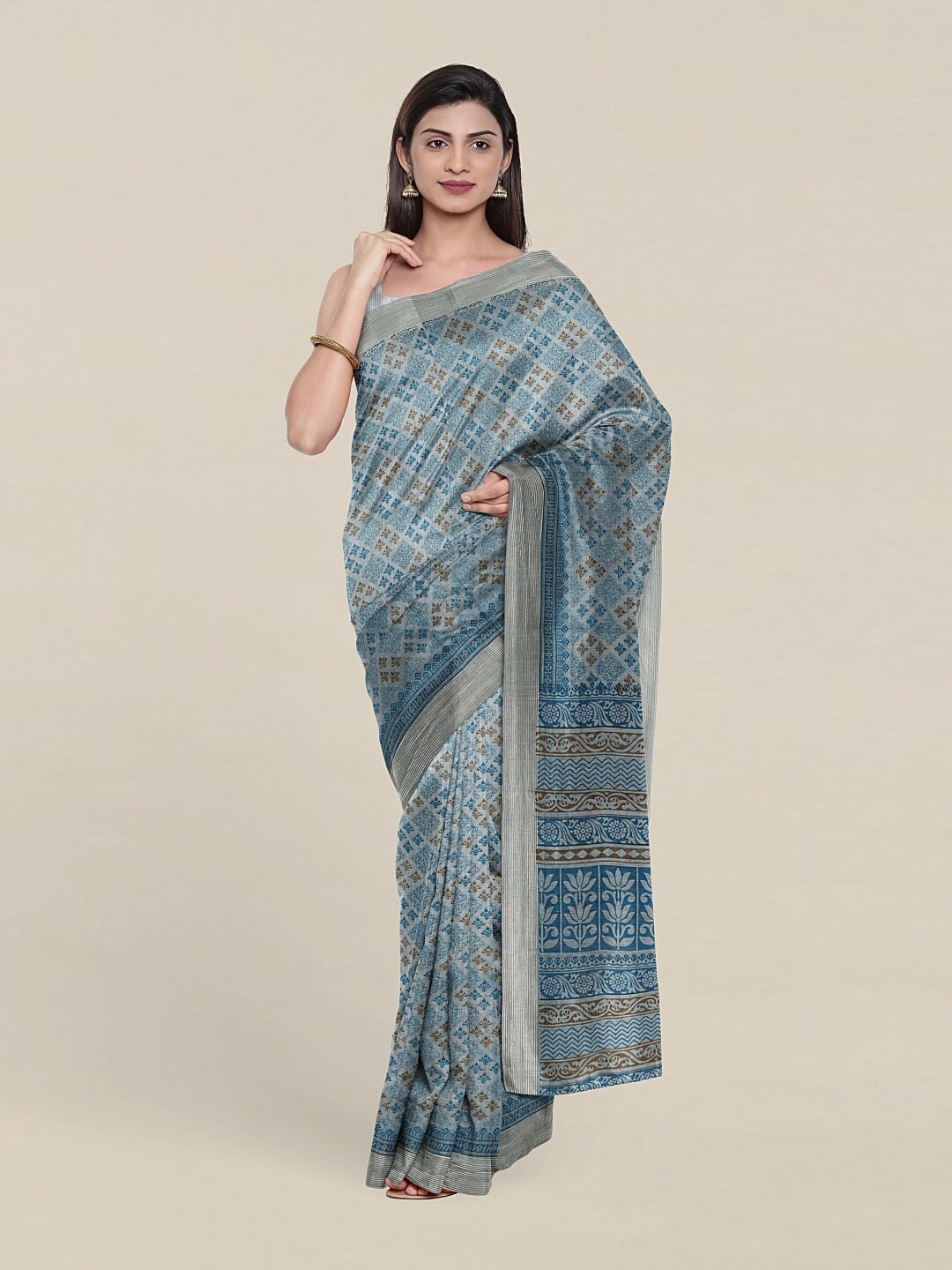 

Pothys Blue & Silver-Toned Floral Zari Saree
