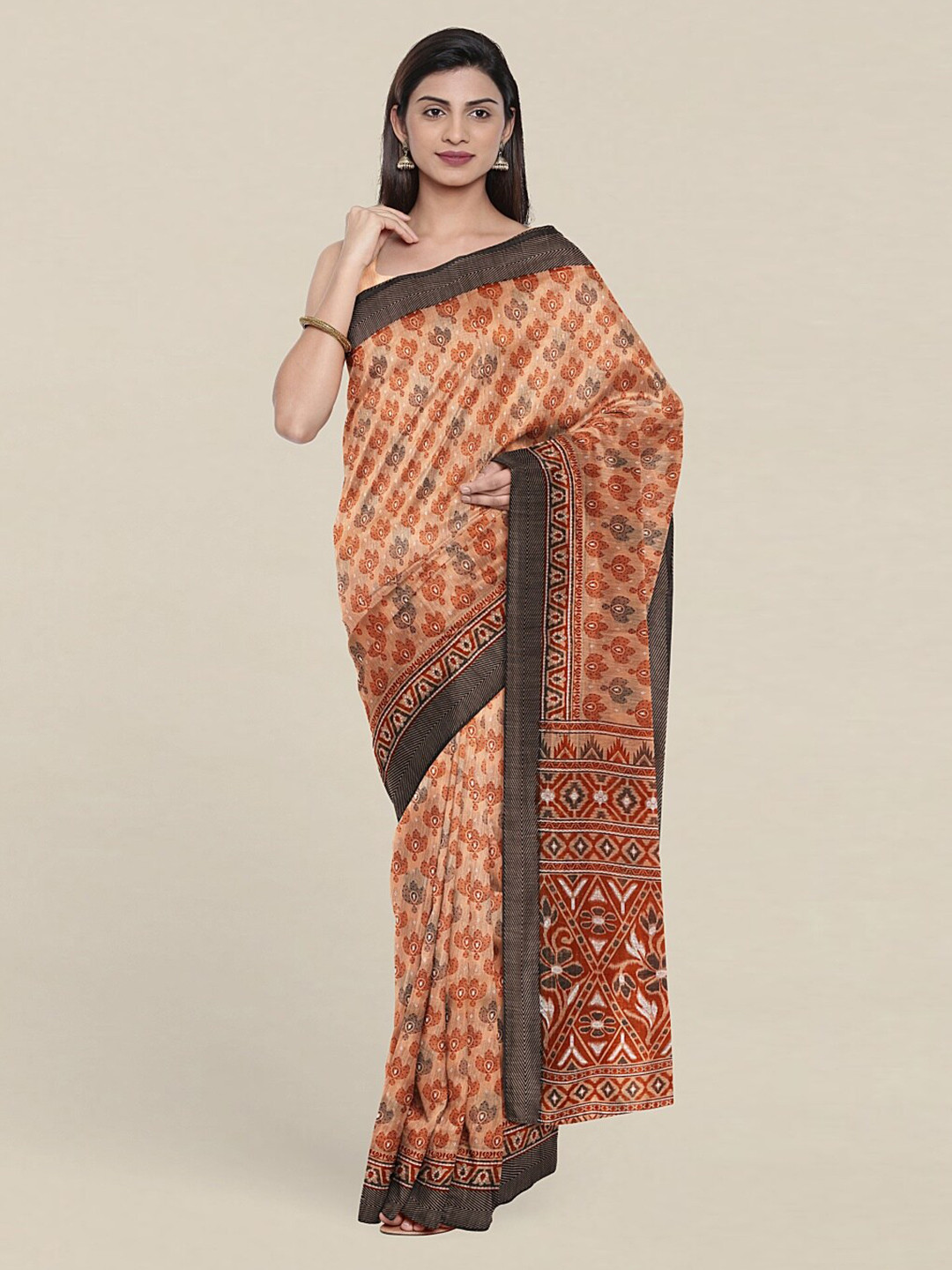 

Pothys Peach-Coloured & Grey Floral Printed Saree