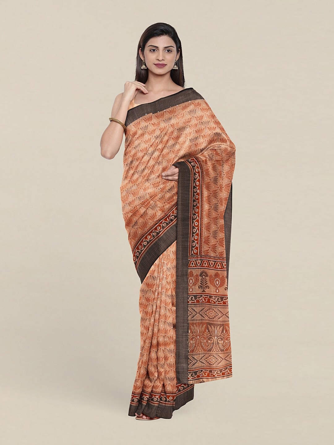 

Pothys Peach-Coloured & Grey Floral Printed Saree