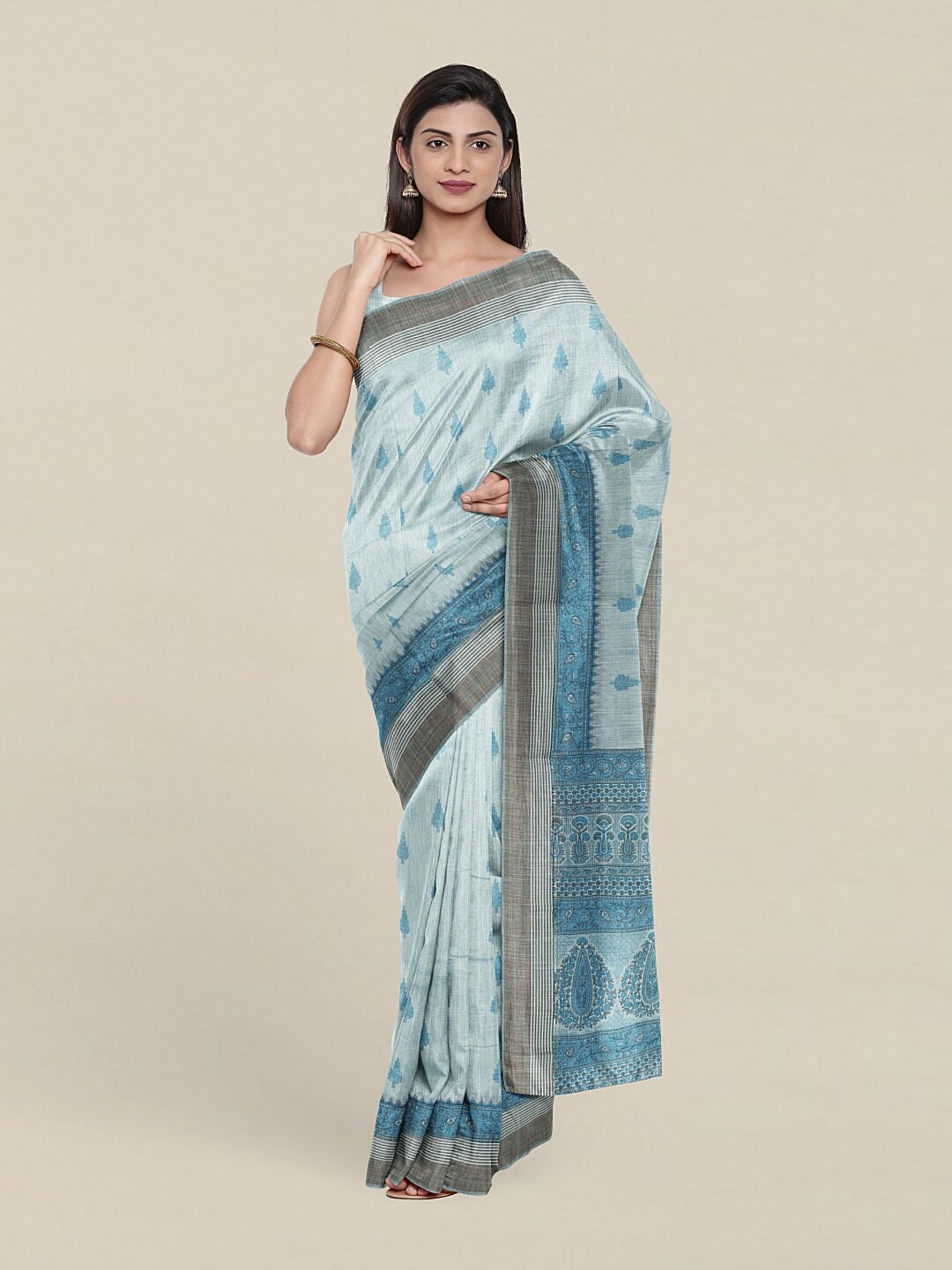 

Pothys Blue & Grey Ethnic Motifs Printed Zari Saree