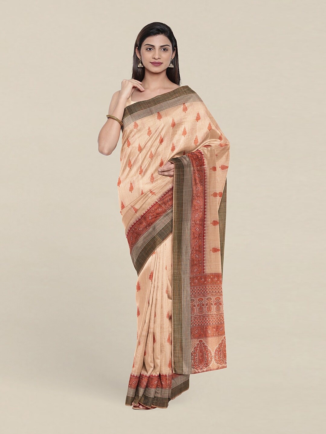 

Pothys Peach-Coloured & White Ethnic Motifs Zari Saree