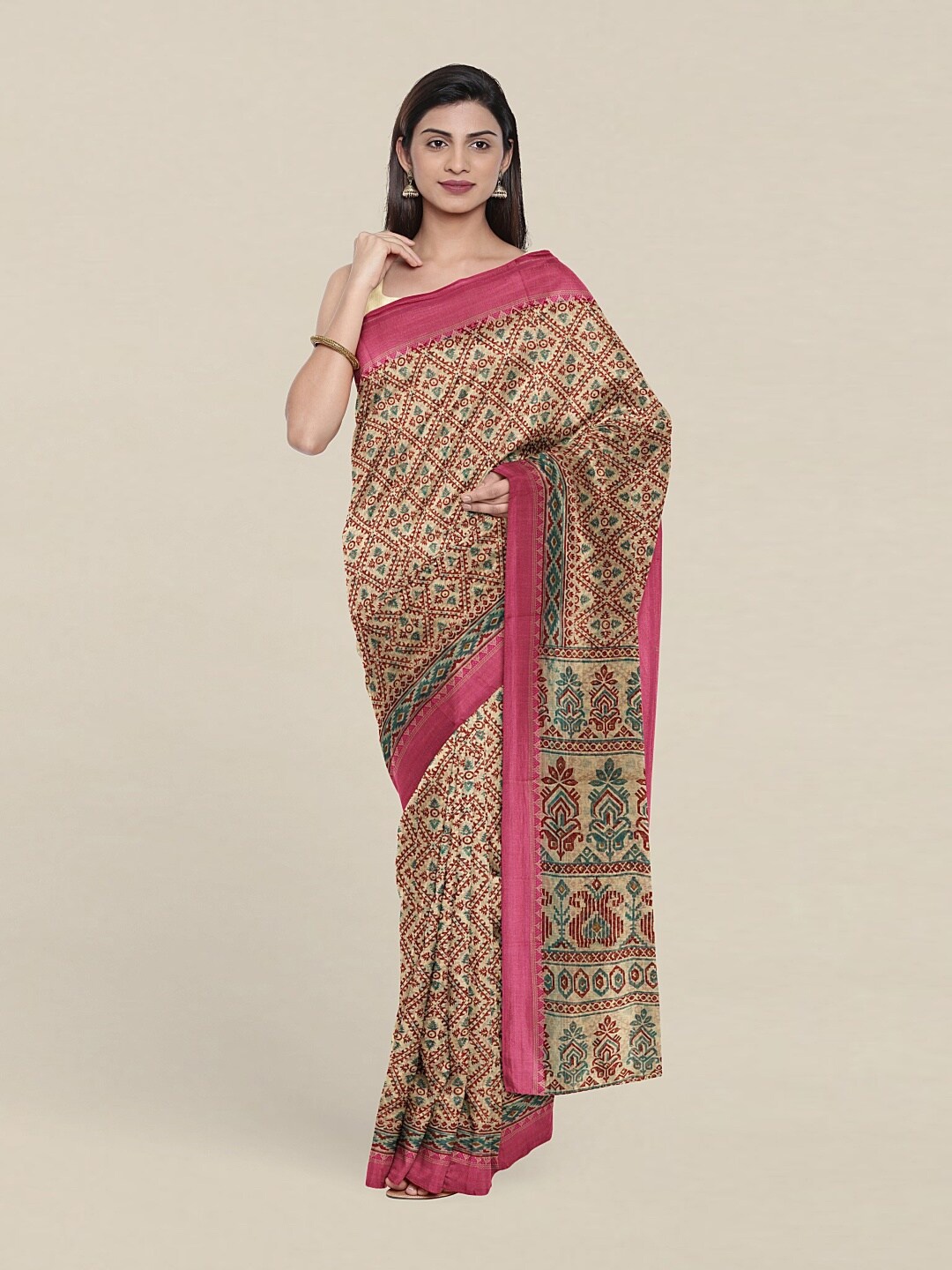 

Pothys Cream-Coloured & Green Floral Printed Saree
