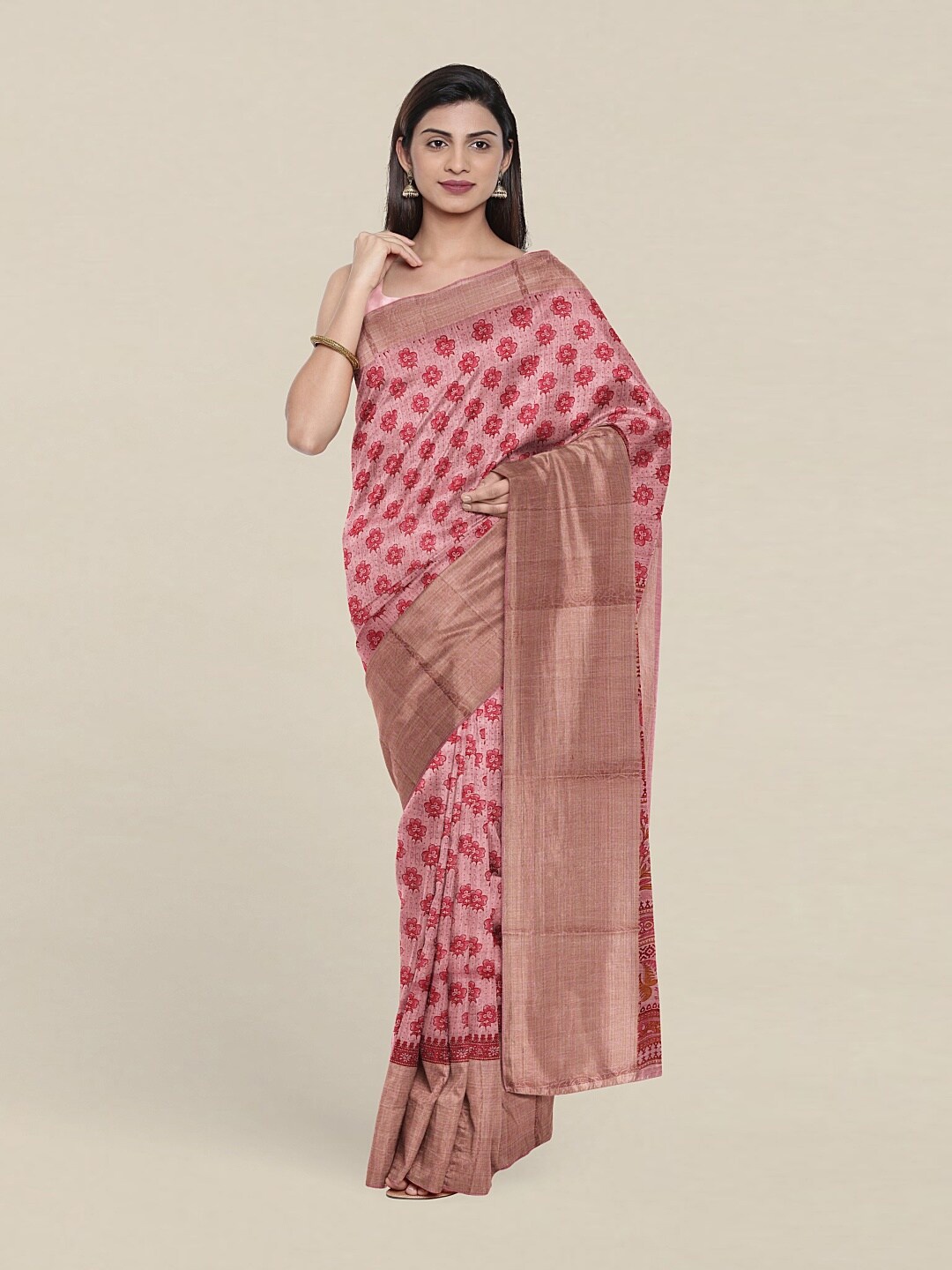 

Pothys Pink & Red Floral Printed Zari Saree