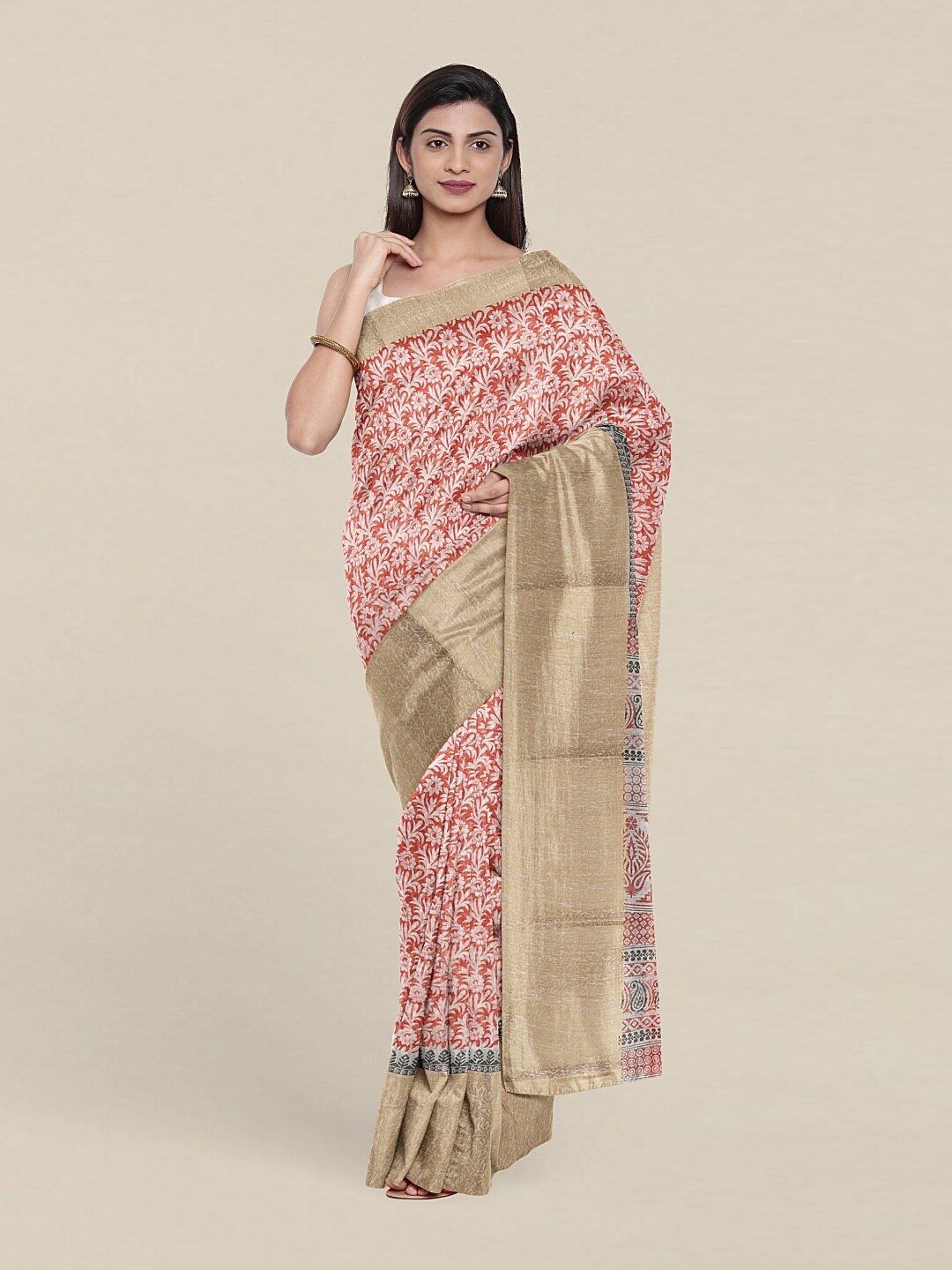 

Pothys Peach-Coloured & White Floral Printed Zari Saree