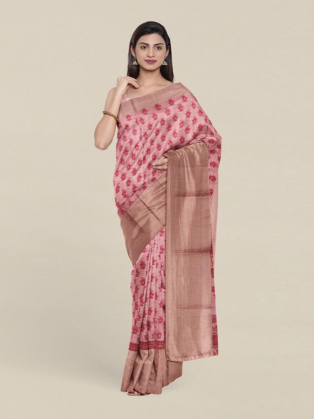 

Pothys Pink & Gold-Toned Floral Printed Zari Saree