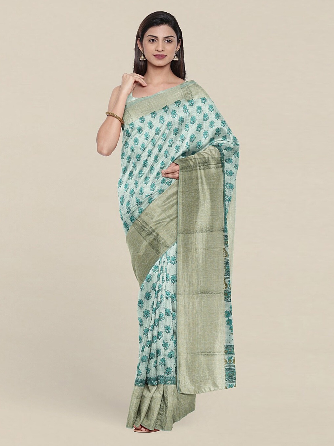 

Pothys Green & Gold-Toned Floral Printed Zari Saree