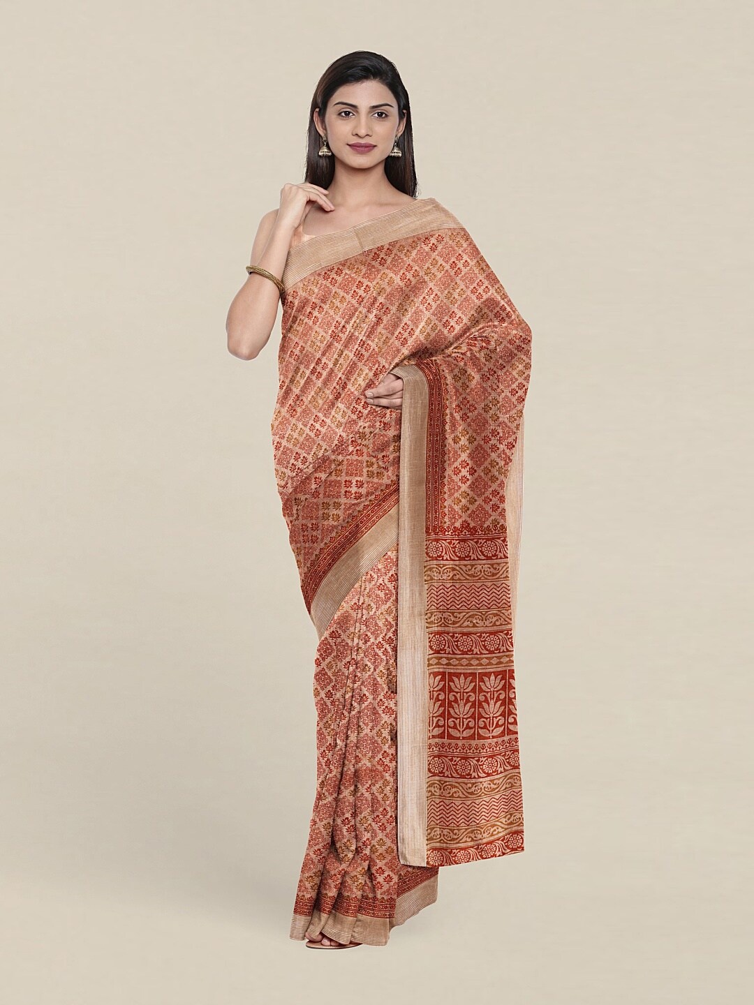 

Pothys Beige & Red Floral Printed Zari Saree