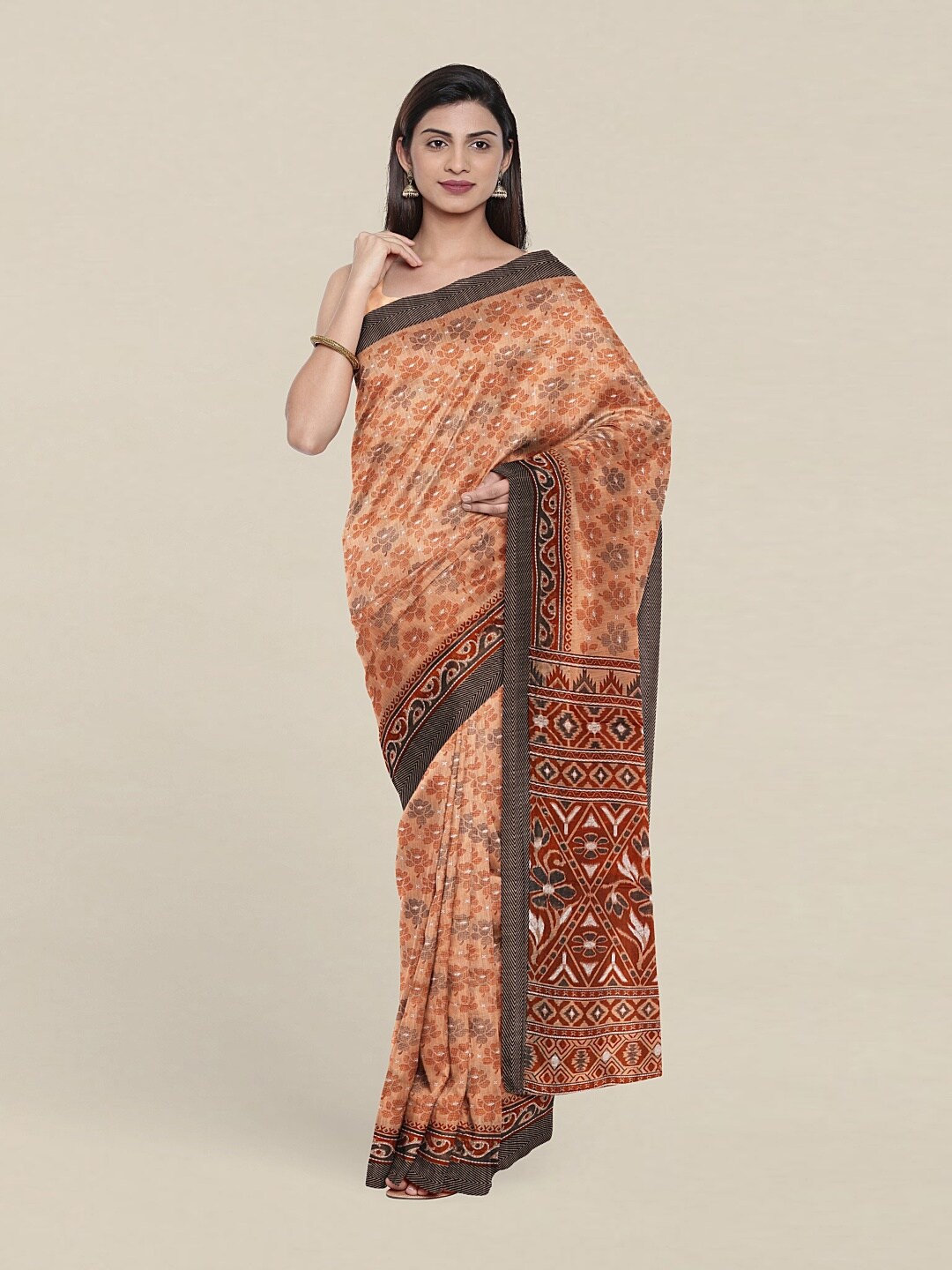 

Pothys Peach-Coloured & Grey Floral Saree