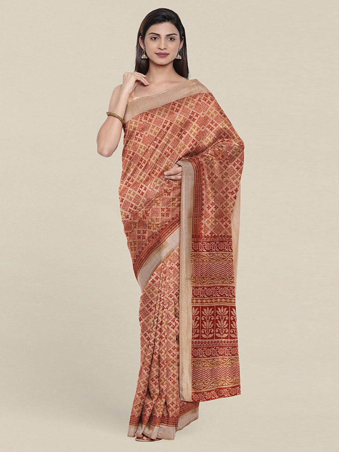 

Pothys Peach-Coloured & Beige Floral Zari Saree