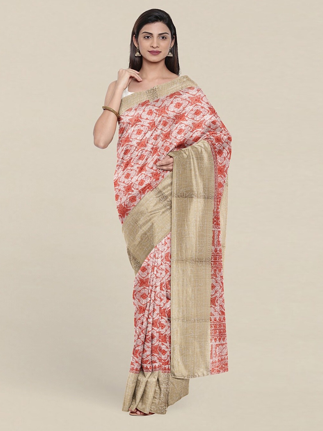 

Pothys Peach-Coloured & Gold-Toned Floral Zari Saree