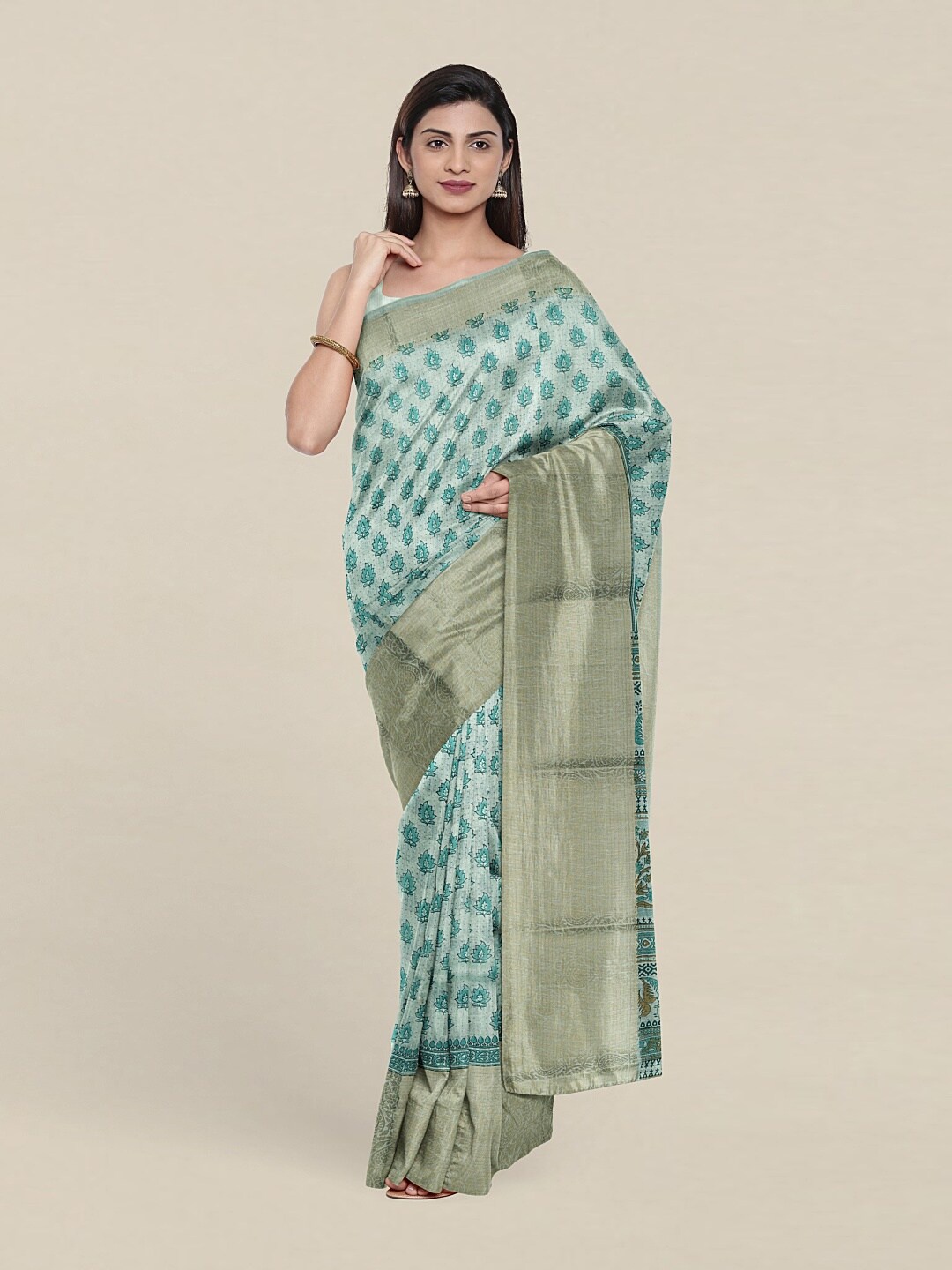 

Pothys Green & Gold-Toned Floral Zari Saree