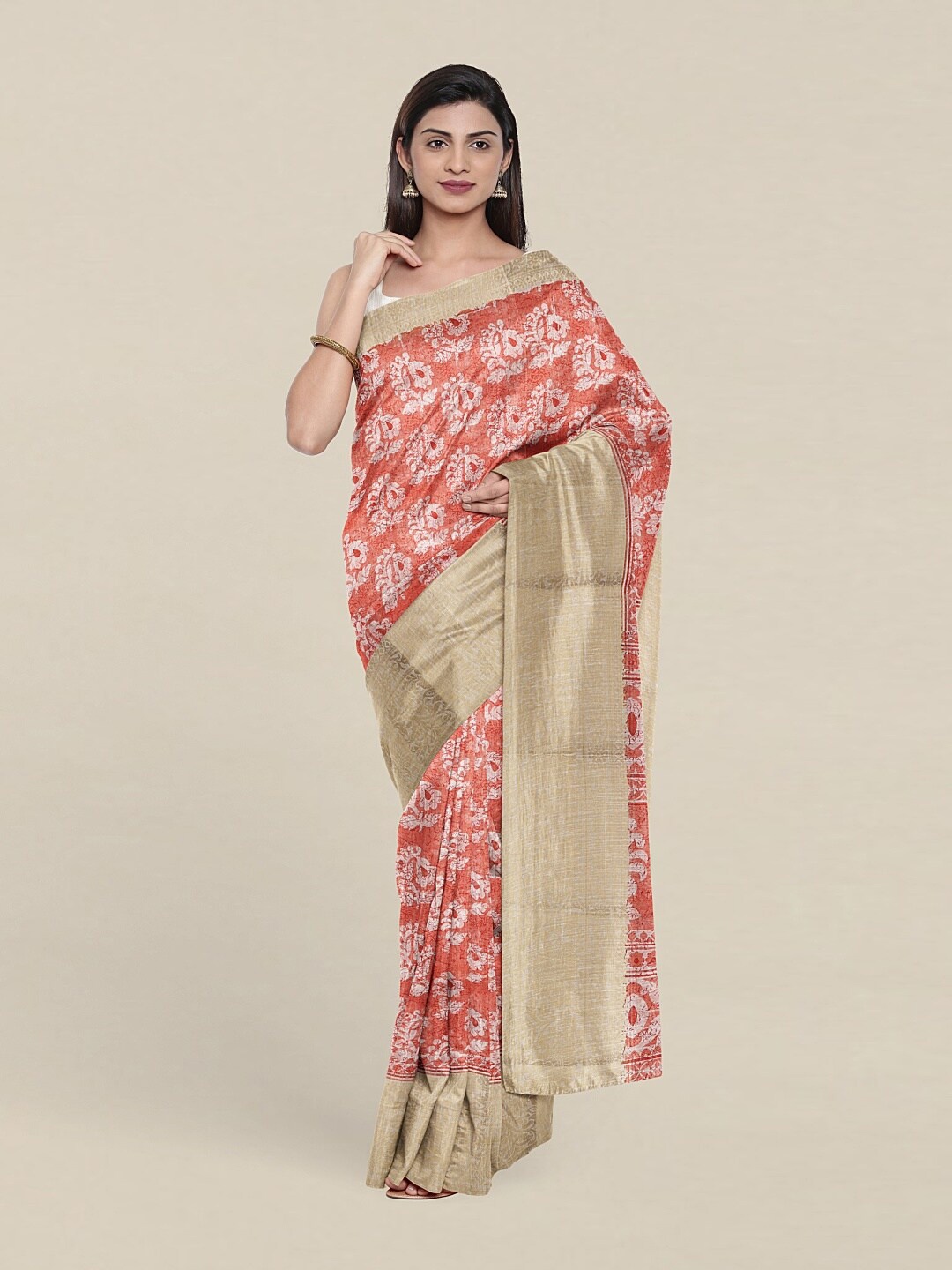 

Pothys Peach-Coloured & White Floral Zari Saree