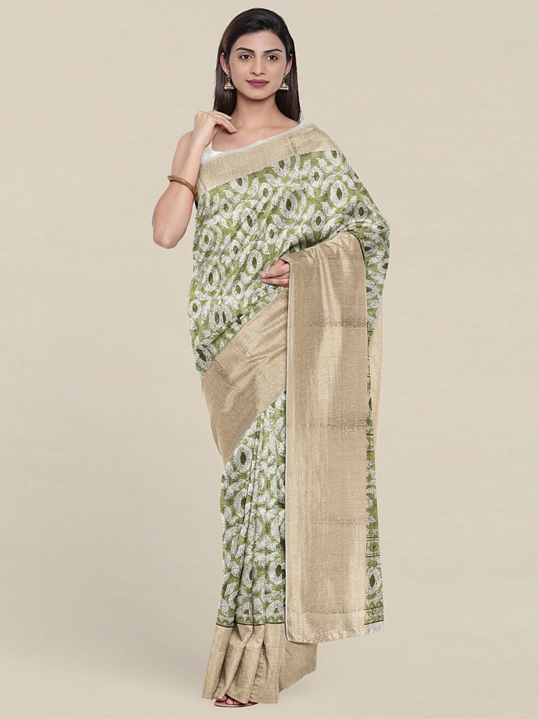 

Pothys Green & White Ethnic Motifs Zari Saree