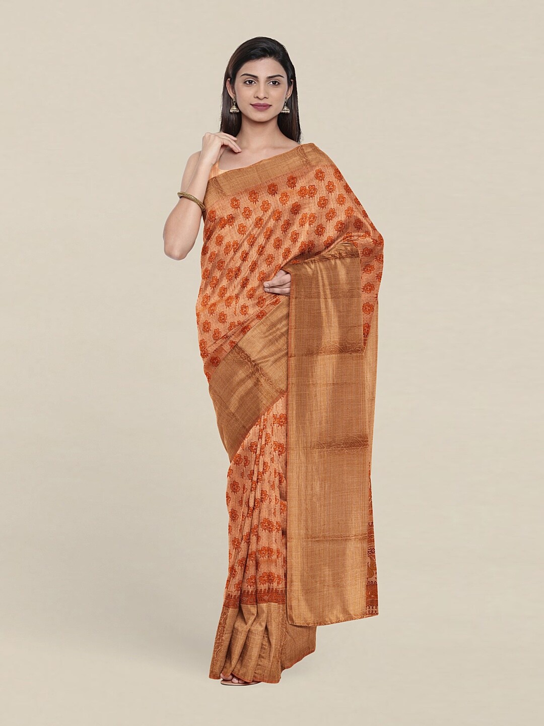 

Pothys Peach-Coloured Floral Zari Saree