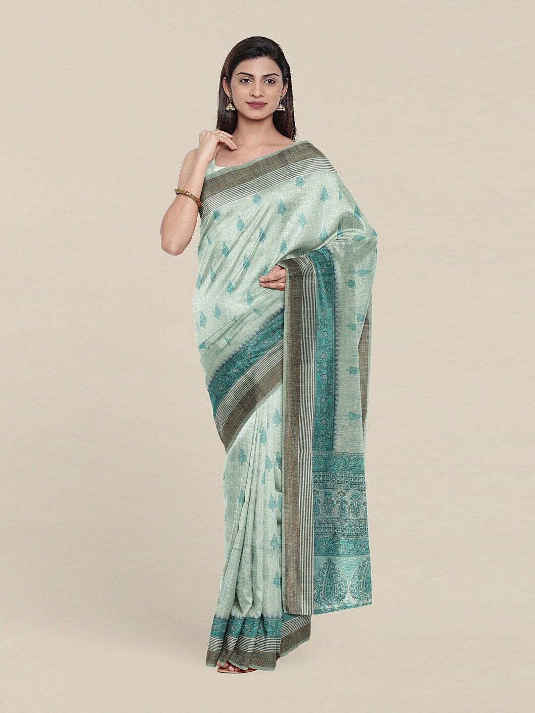 

Pothys Sea Green & Grey Ethnic Motifs Printed Cotton Blend Saree